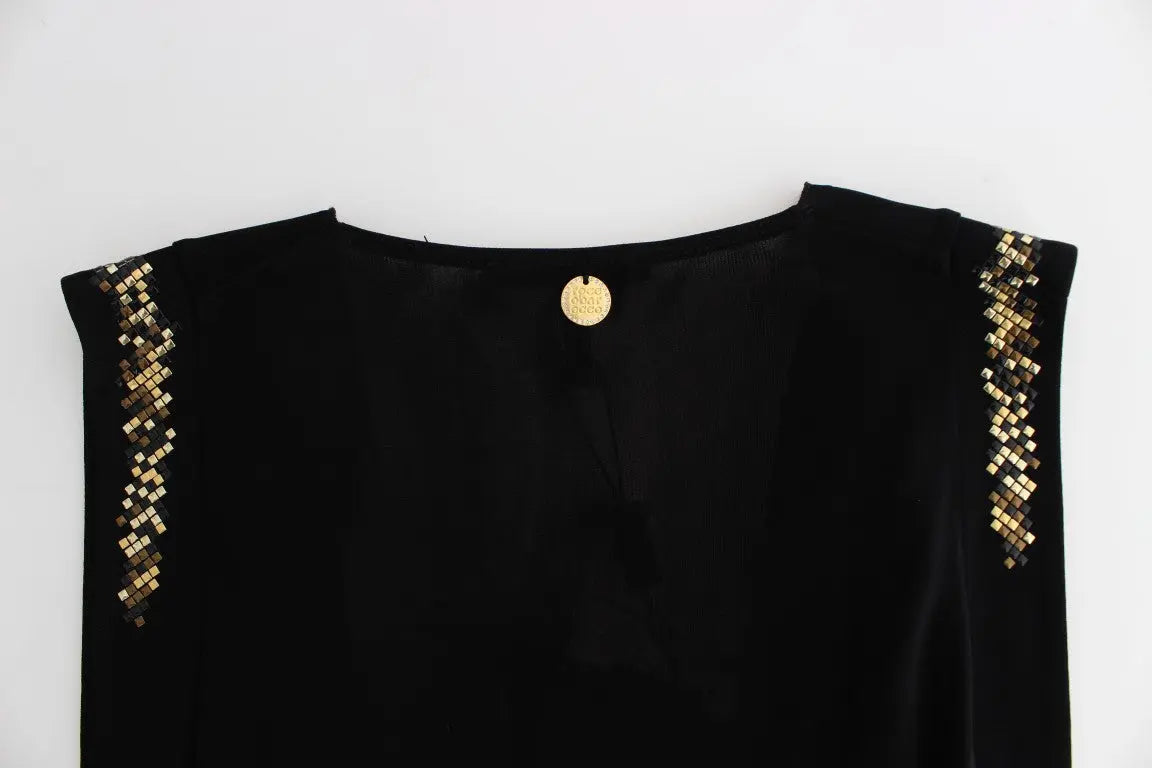 Roccobarocco Elegant Sleeveless Black Mini Dress with Gold Details Roccobarocco