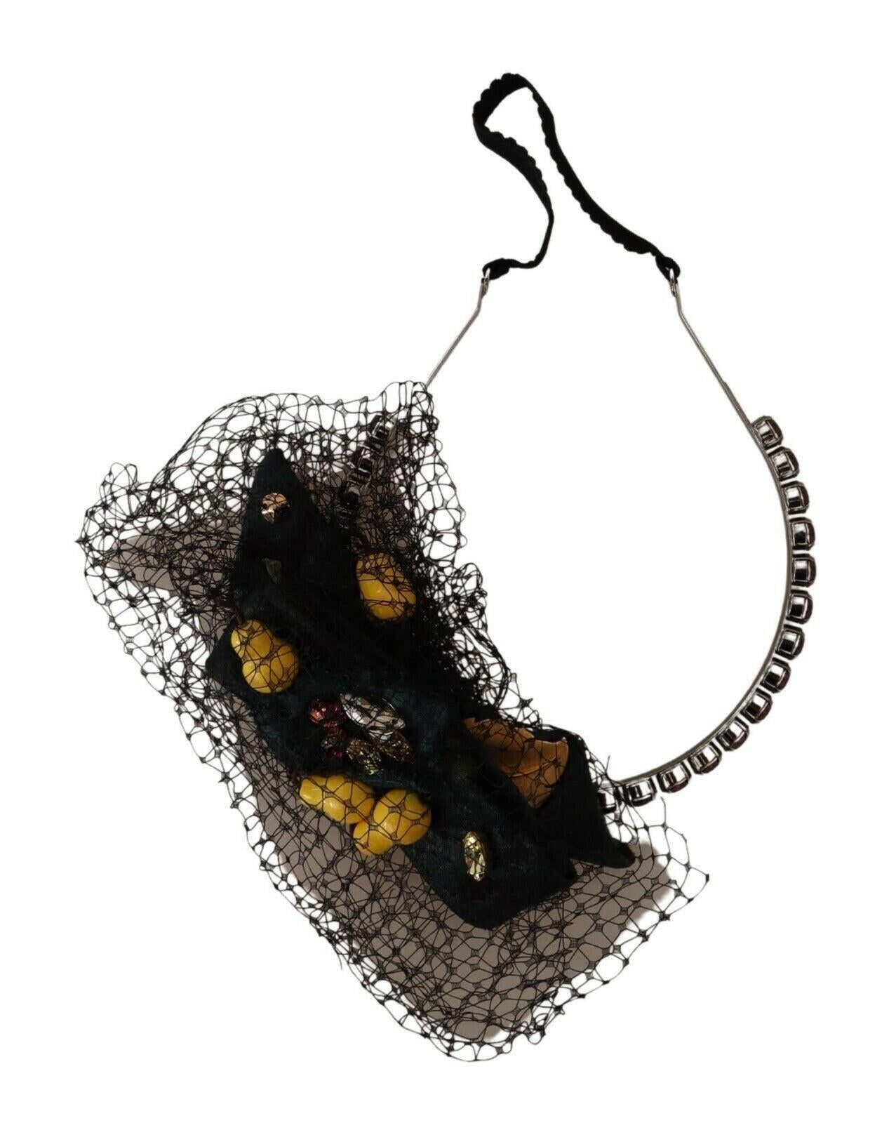 Dolce & Gabbana Silver Tiara Crystals Fruits Black Mesh Diadem Headband.