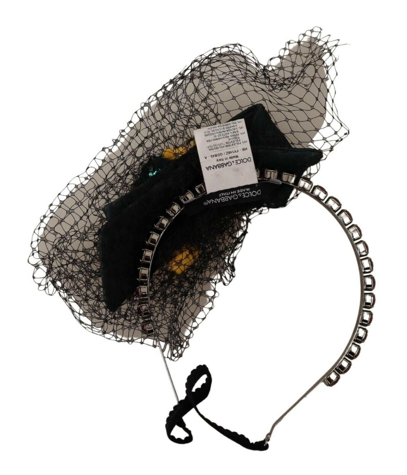Dolce & Gabbana Silver Tiara Crystals Fruits Black Mesh Diadem Headband.
