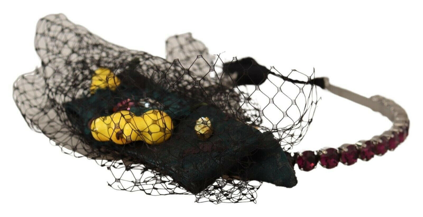 Dolce & Gabbana Silver Tiara Crystals Fruits Black Mesh Diadem Headband.
