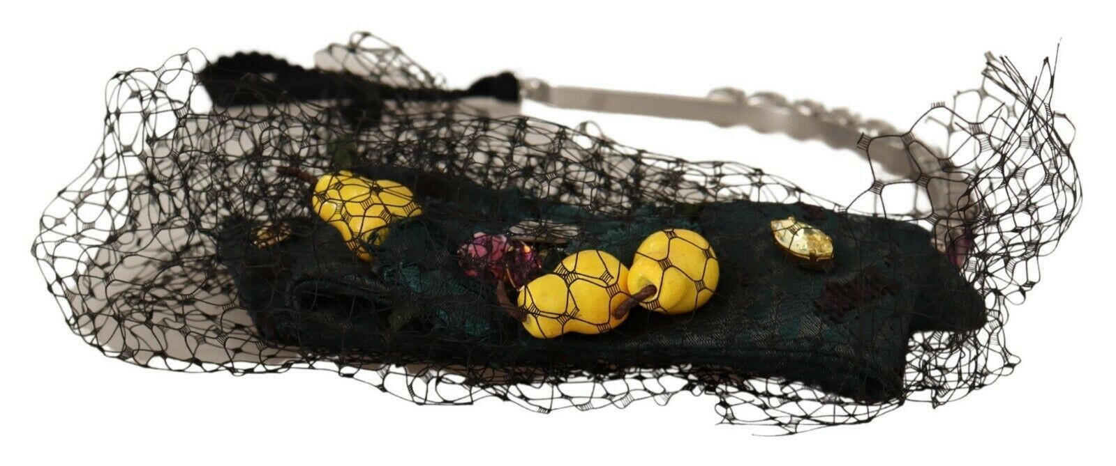 Dolce & Gabbana Silver Tiara Crystals Fruits Black Mesh Diadem Headband.