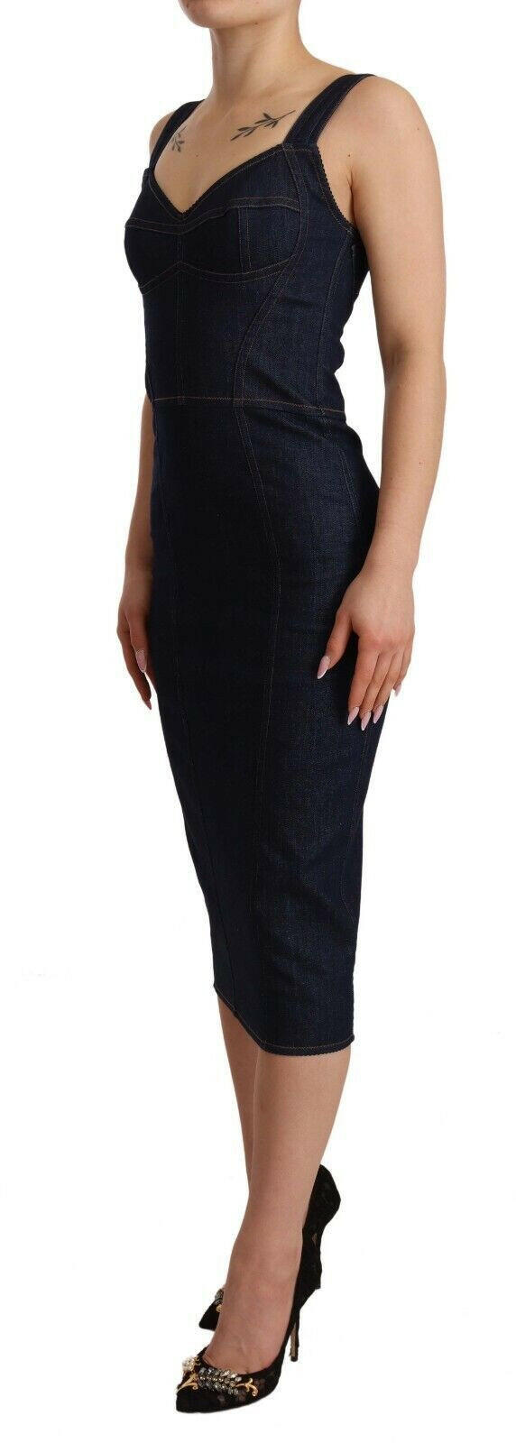 Dolce & Gabbana Dark Blue Cotton Denim Sheath Midi Dress.