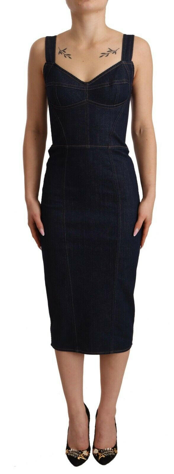 Dolce & Gabbana Dark Blue Cotton Denim Sheath Midi Dress.
