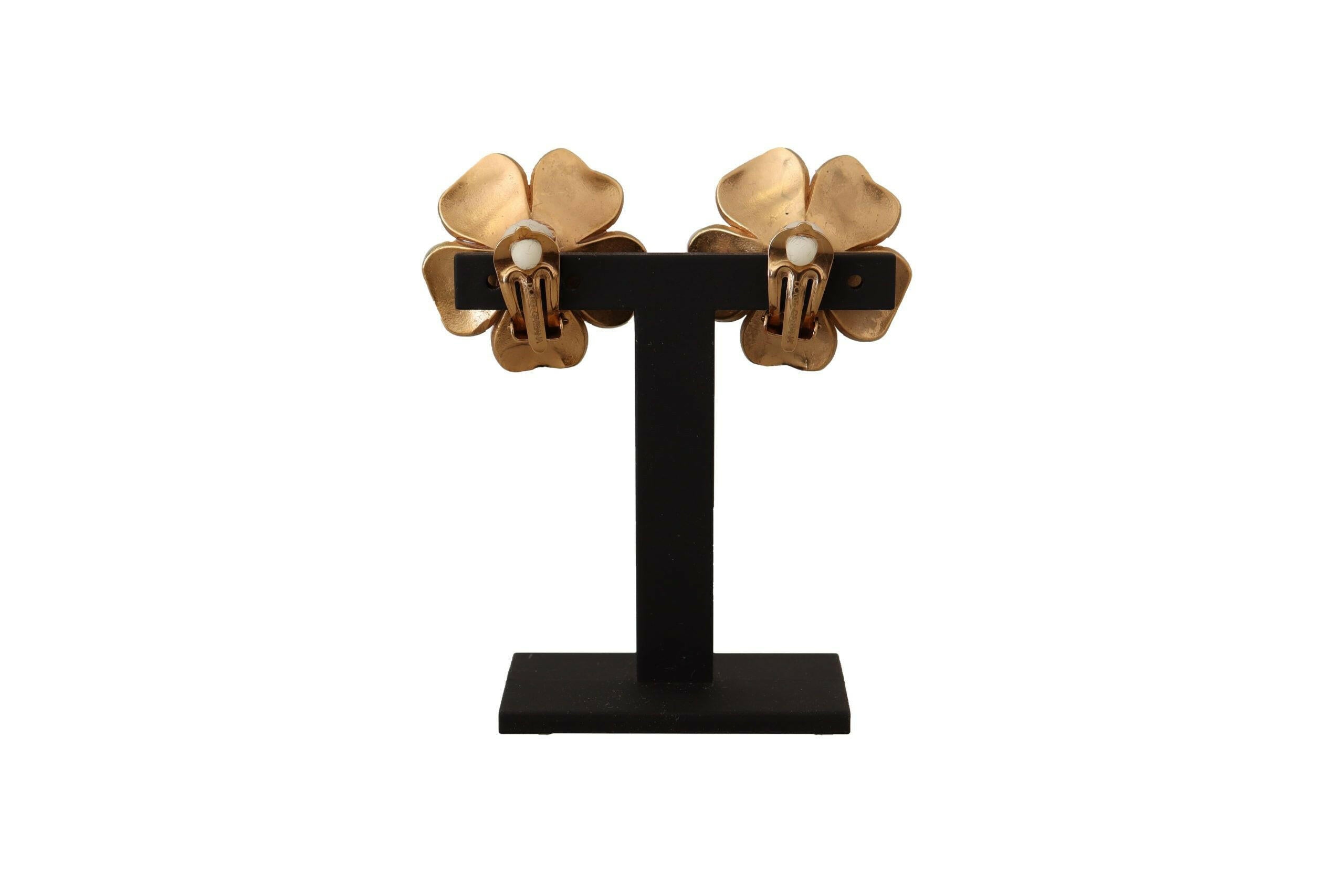 Dolce & Gabbana Gold Tone Maxi Faux Pearl Floral Clip-on Jewelry Earrings.