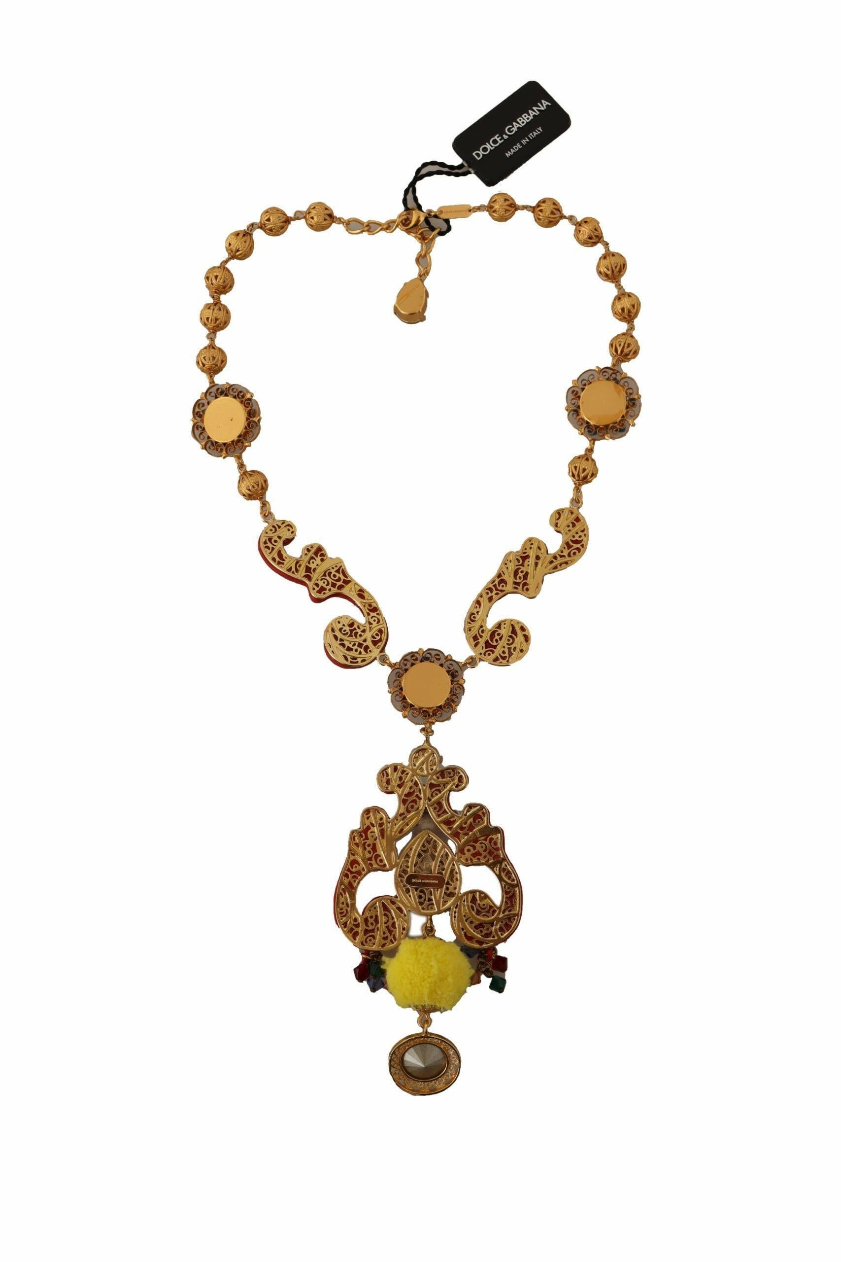 Dolce & Gabbana Gold Brass Carretto Sicily Statement Crystal Chain Necklace.