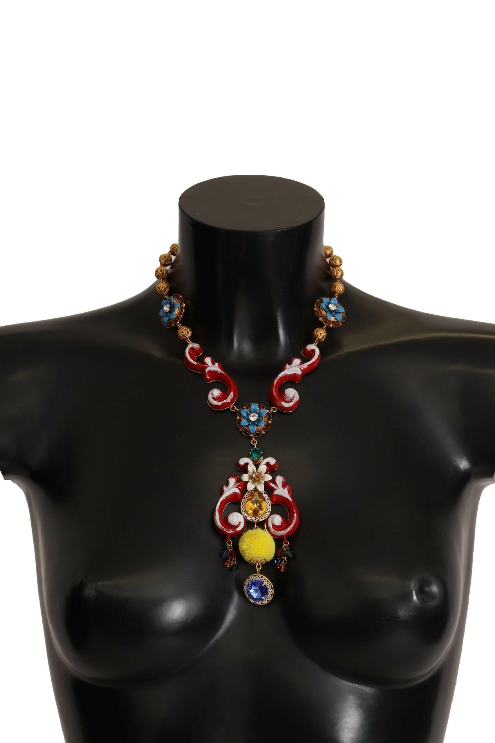 Dolce & Gabbana Gold Brass Carretto Sicily Statement Crystal Chain Necklace.