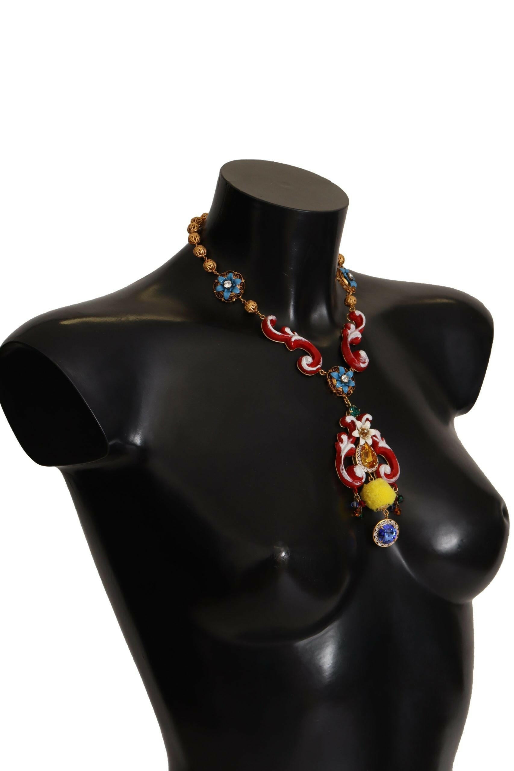 Dolce & Gabbana Gold Brass Carretto Sicily Statement Crystal Chain Necklace.