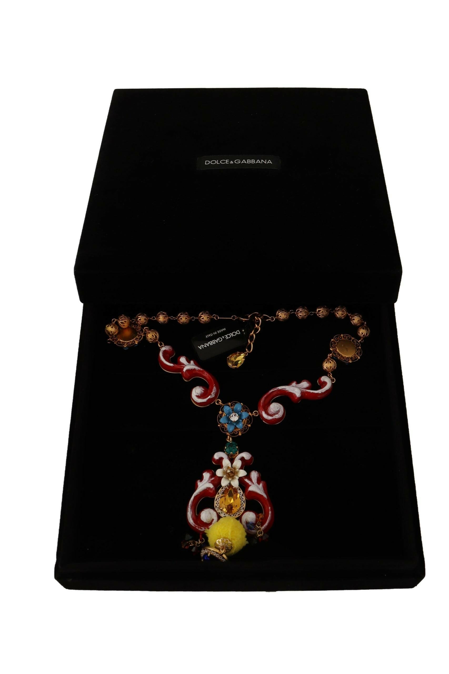 Dolce & Gabbana Gold Brass Carretto Sicily Statement Crystal Chain Necklace.