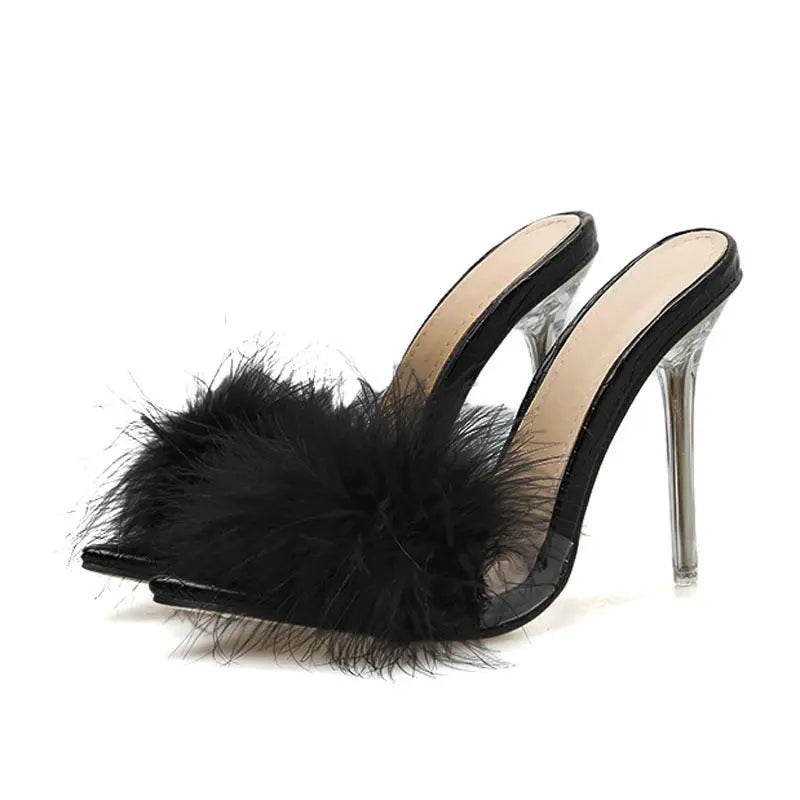 Woman Shoes Transparent Crystal High Heels Woman Feather Fur Slippers - MaraFormigone