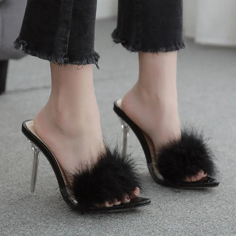 Woman Shoes Transparent Crystal High Heels Woman Feather Fur Slippers - MaraFormigone