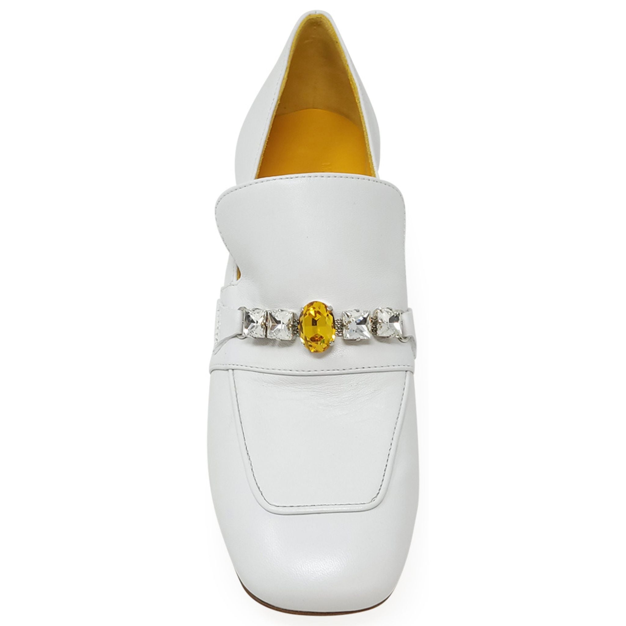 White Leather Mid Heel Jeweled Loafer