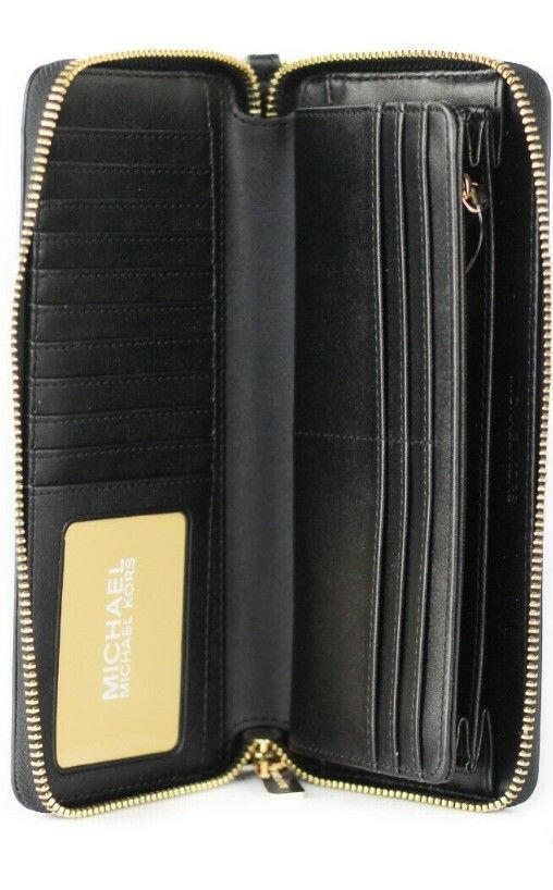 Michael Kors Jet Set Travel Large Black Pebble Leather Continental Wrist Wallet.
