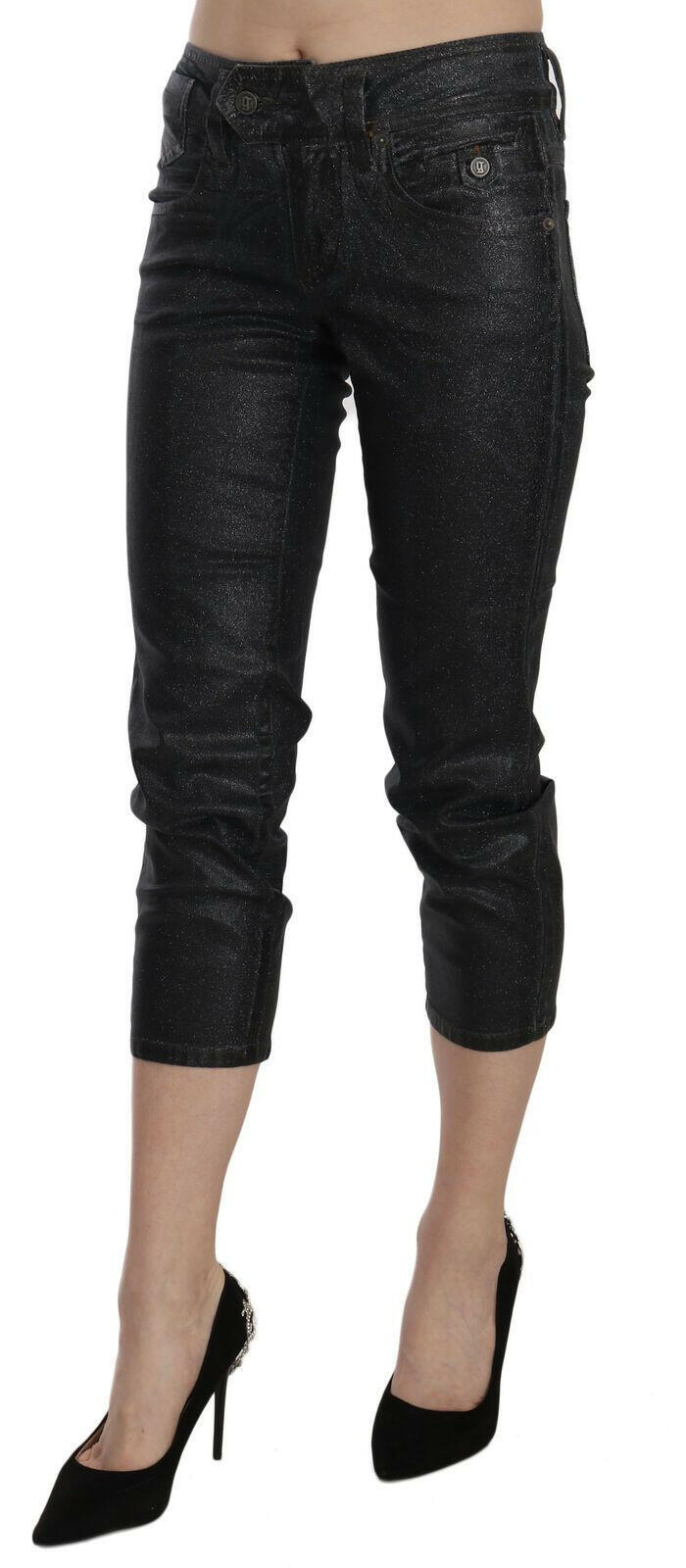 John Galliano Black Washed Mid Waist Slim Leg Cropped Denim Pants.