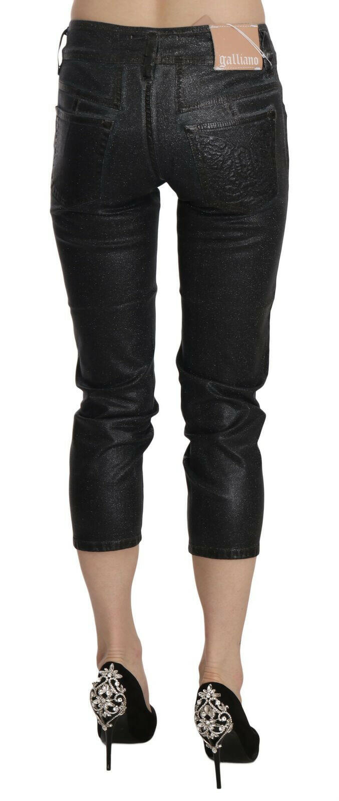 John Galliano Black Washed Mid Waist Slim Leg Cropped Denim Pants.