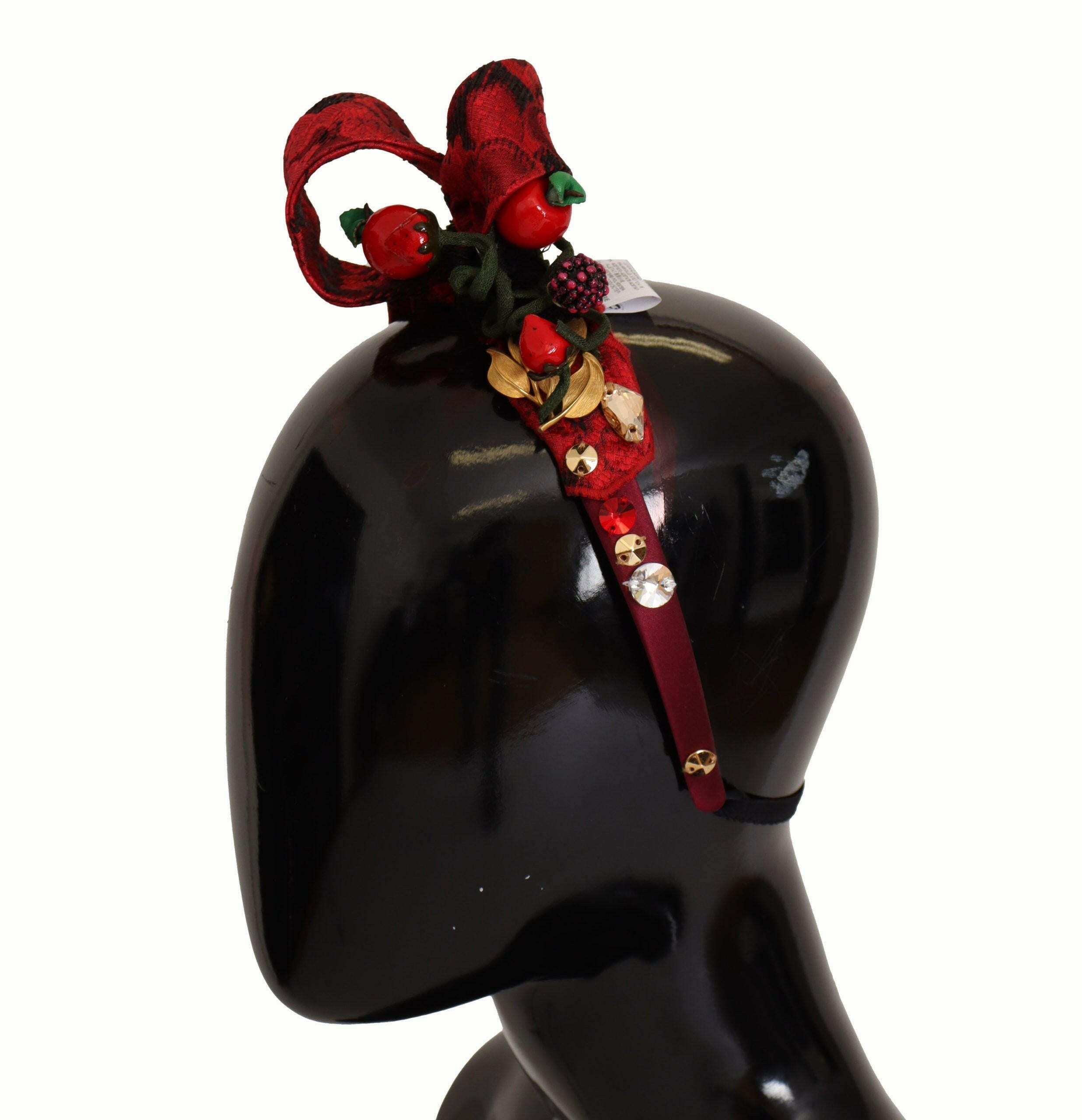 Dolce & Gabbana Cherry Silk Crystal Bow Logo Diadem Tiara Headband.