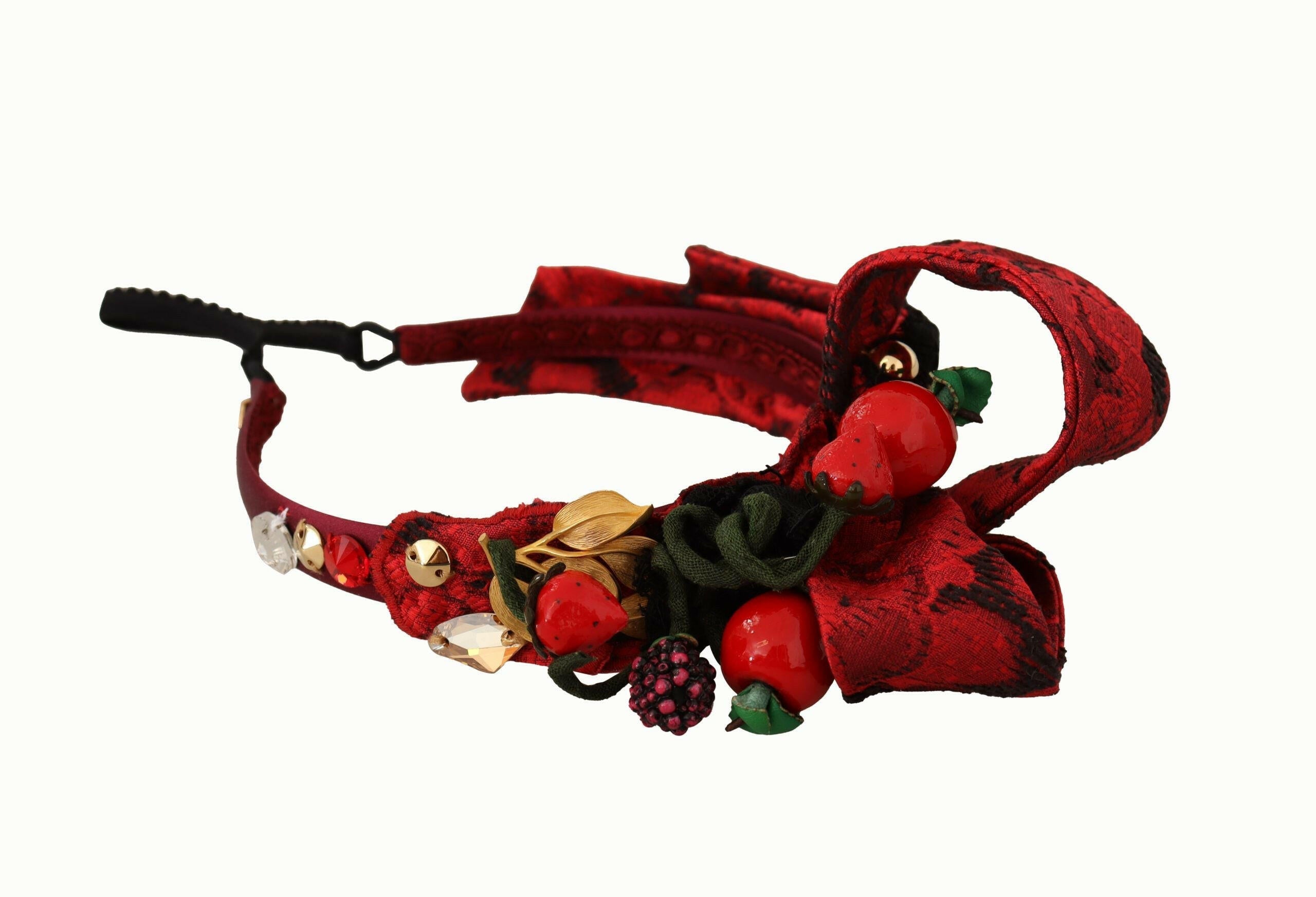 Dolce & Gabbana Cherry Silk Crystal Bow Logo Diadem Tiara Headband.