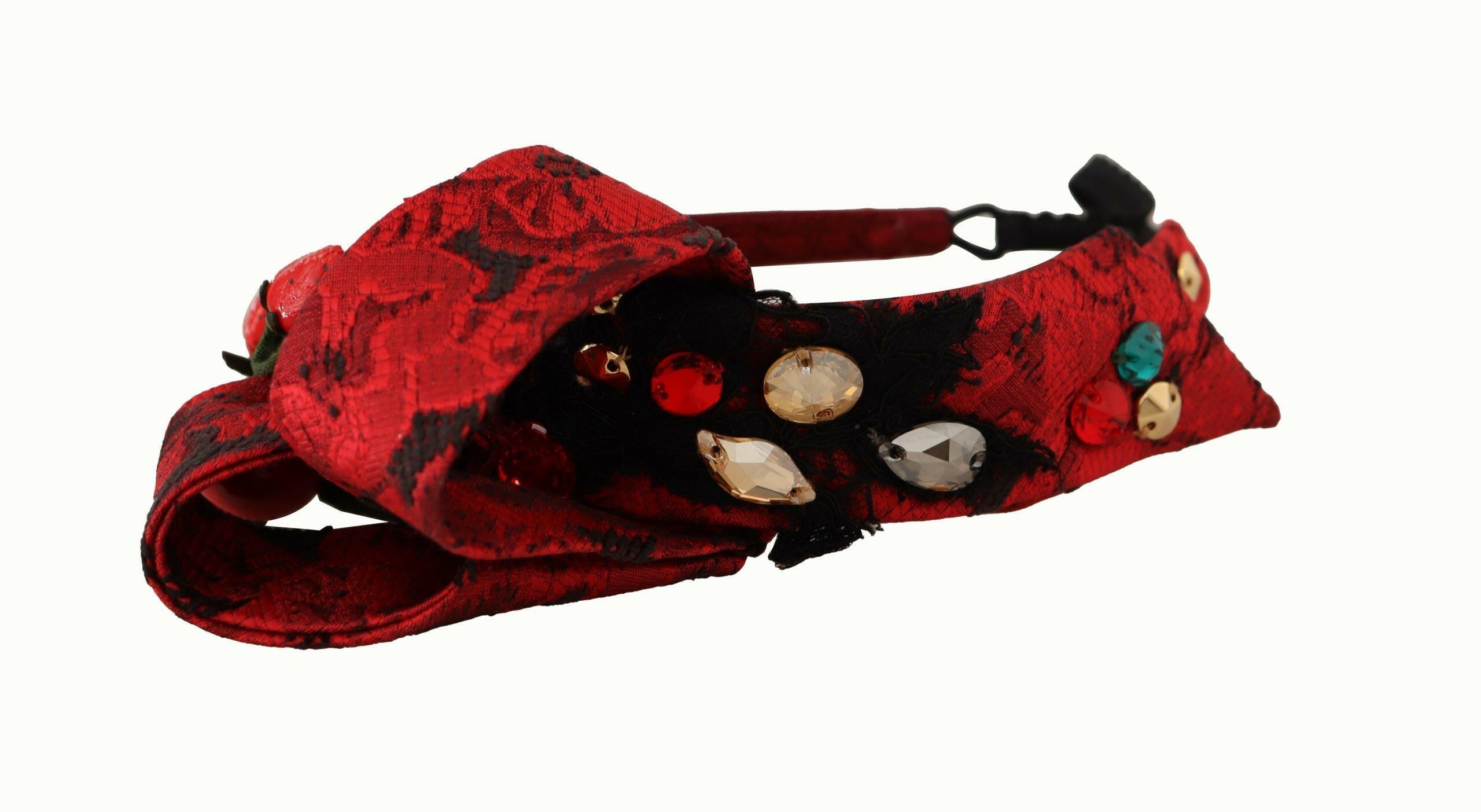 Dolce & Gabbana Cherry Silk Crystal Bow Logo Diadem Tiara Headband.