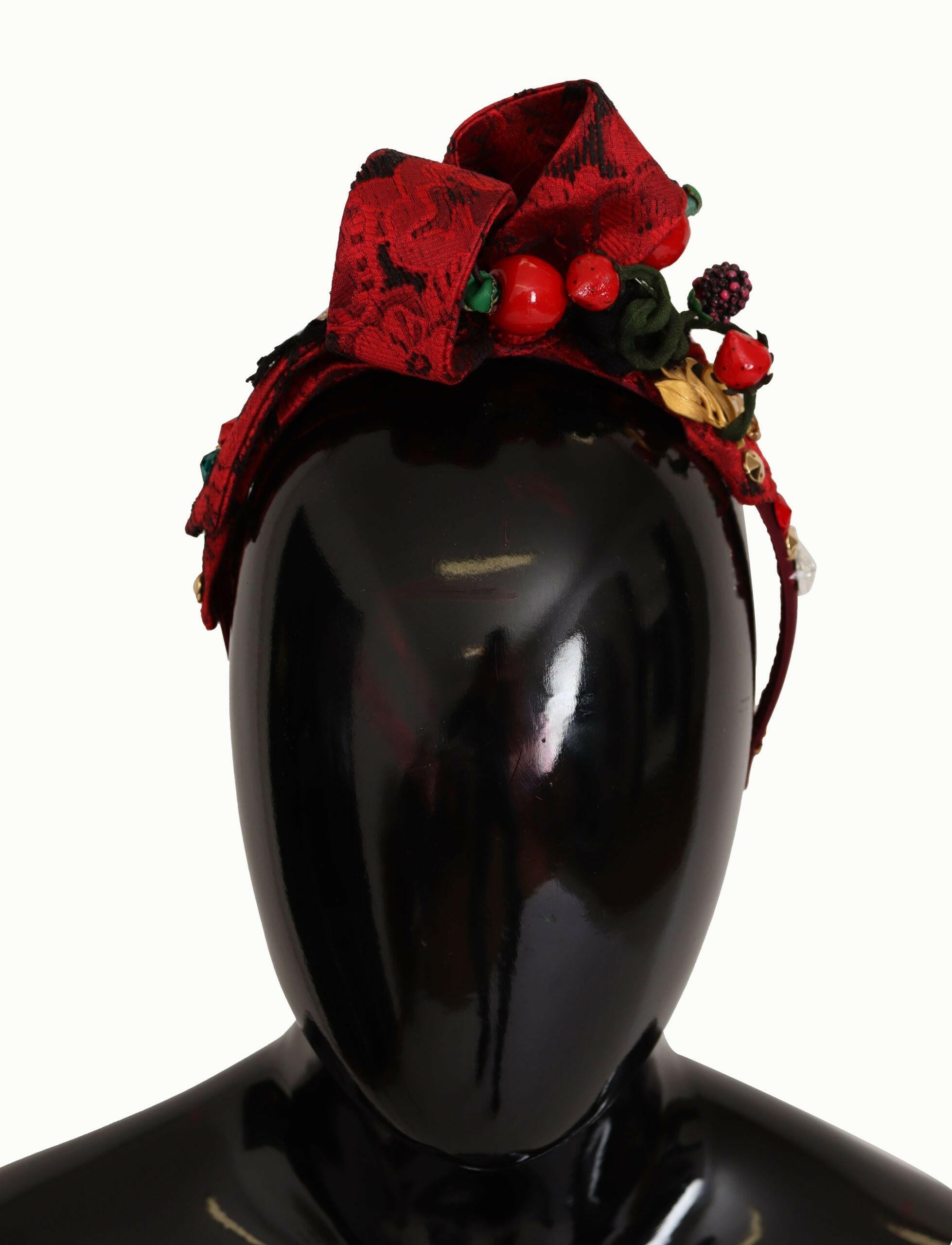 Dolce & Gabbana Cherry Silk Crystal Bow Logo Diadem Tiara Headband.