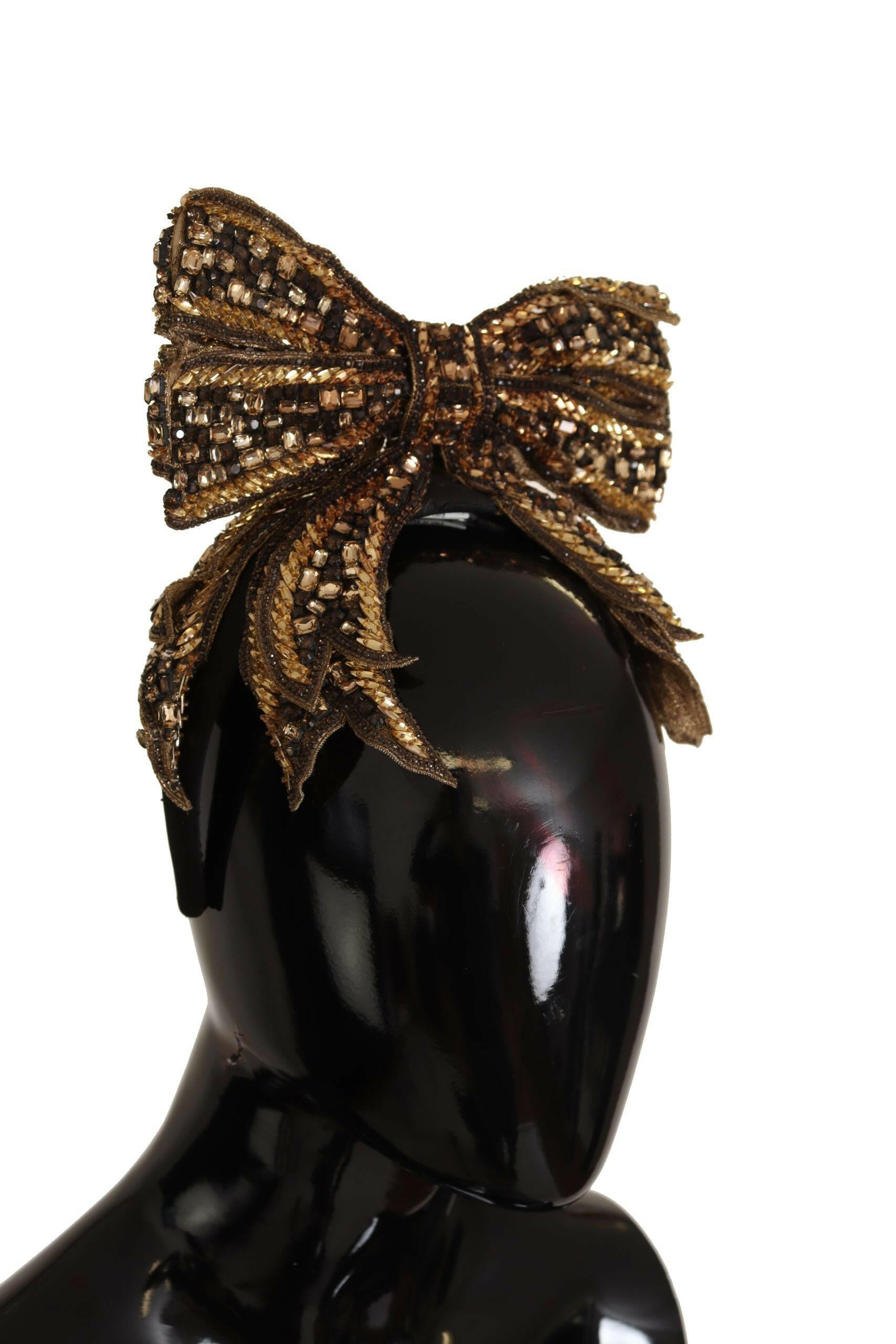 Dolce & Gabbana Gold Crystal Beaded Sequined Silk Bow Headband Diadem.