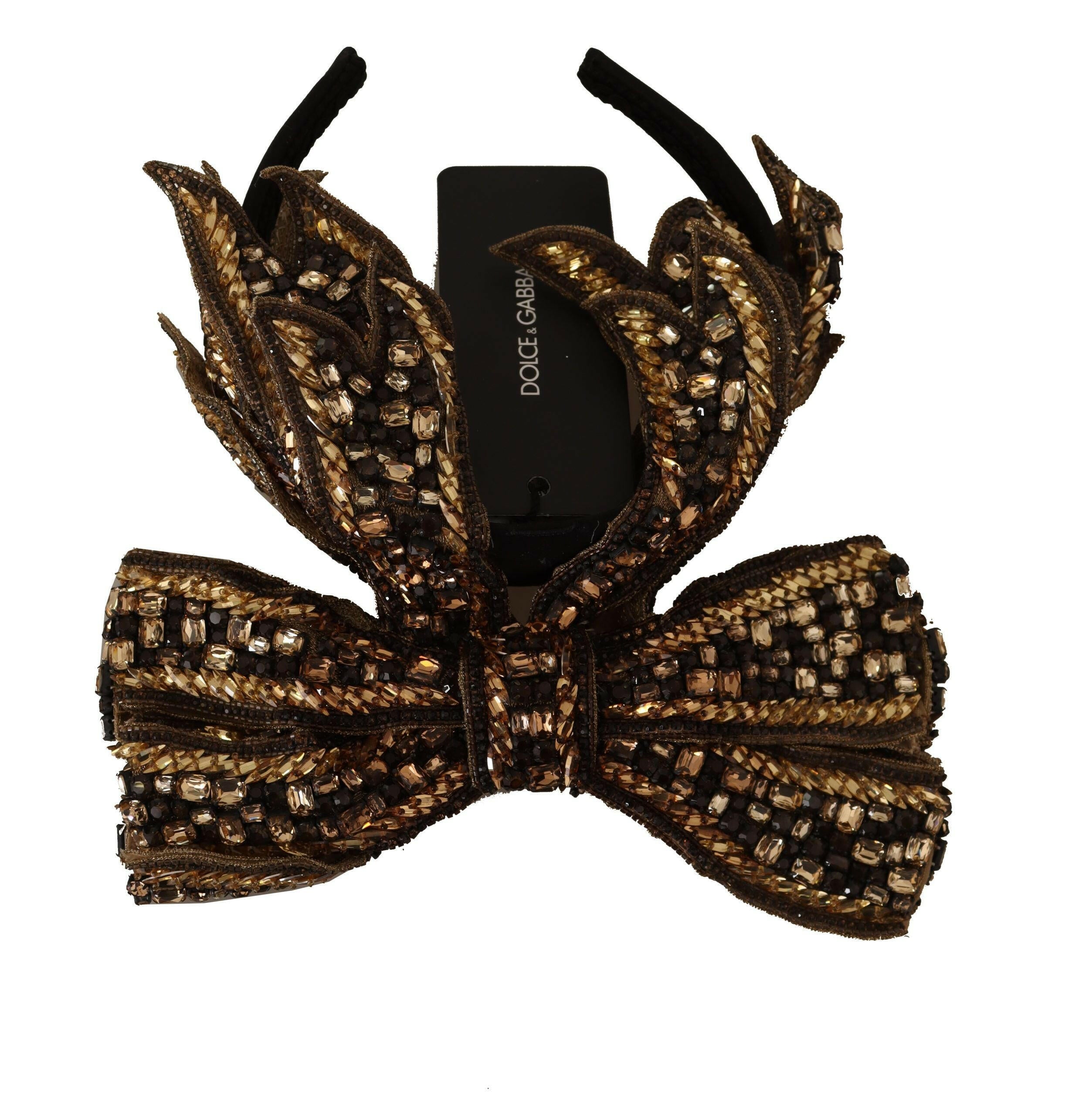 Dolce & Gabbana Gold Crystal Beaded Sequined Silk Bow Headband Diadem.
