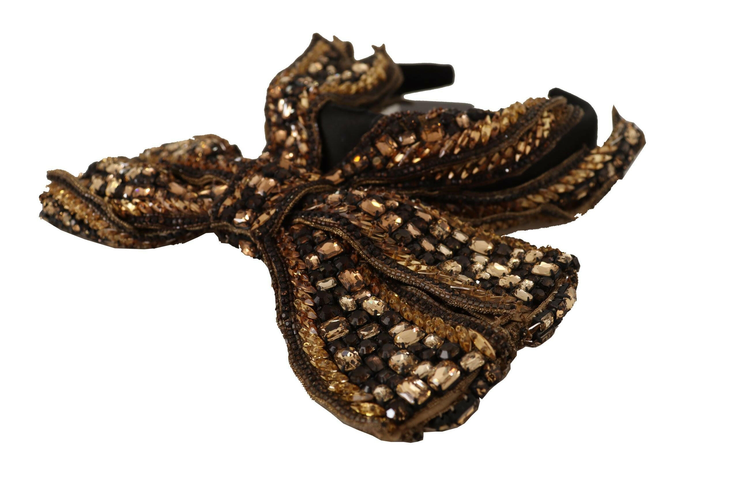 Dolce & Gabbana Gold Crystal Beaded Sequined Silk Bow Headband Diadem.