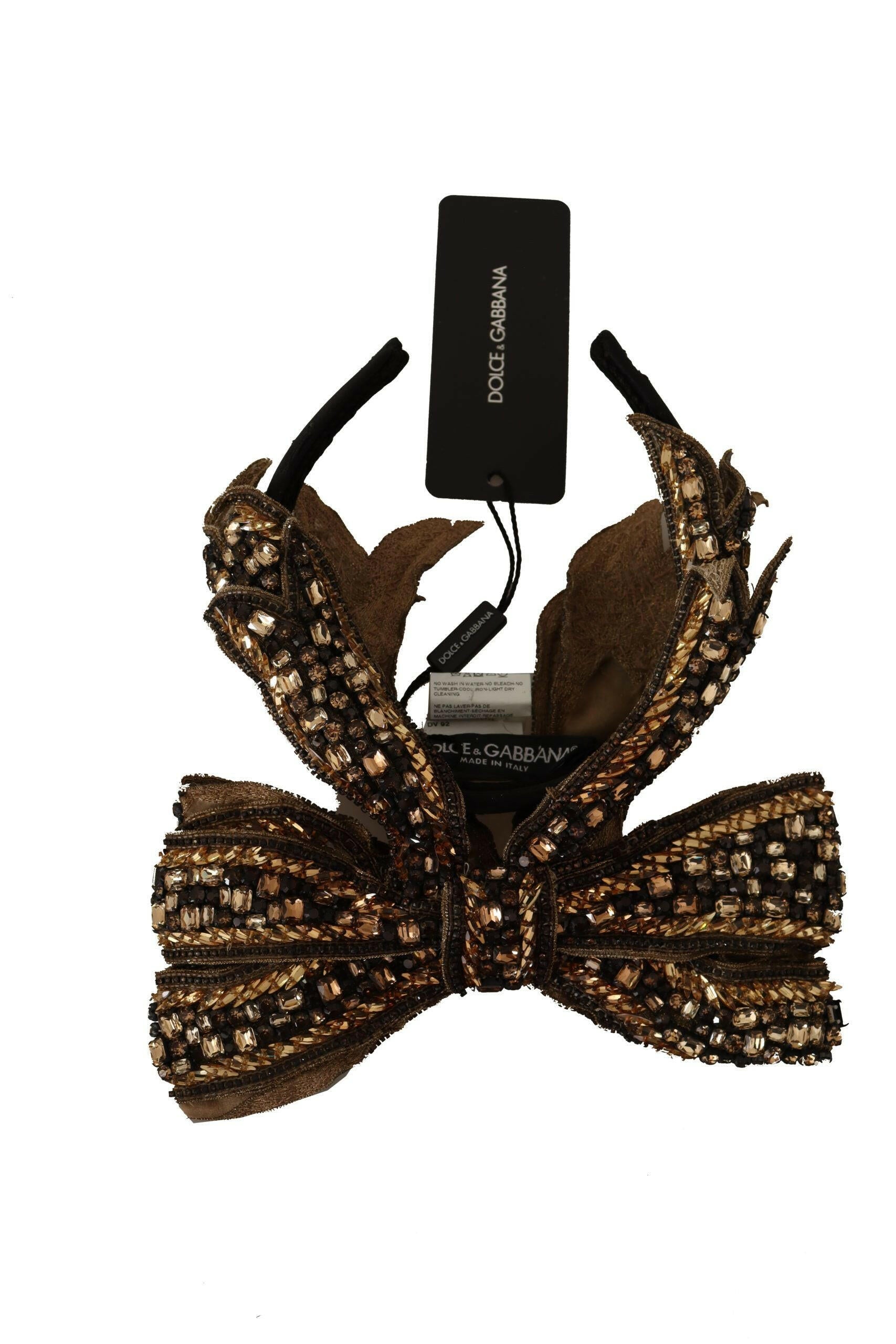 Dolce & Gabbana Gold Crystal Beaded Sequined Silk Bow Headband Diadem.