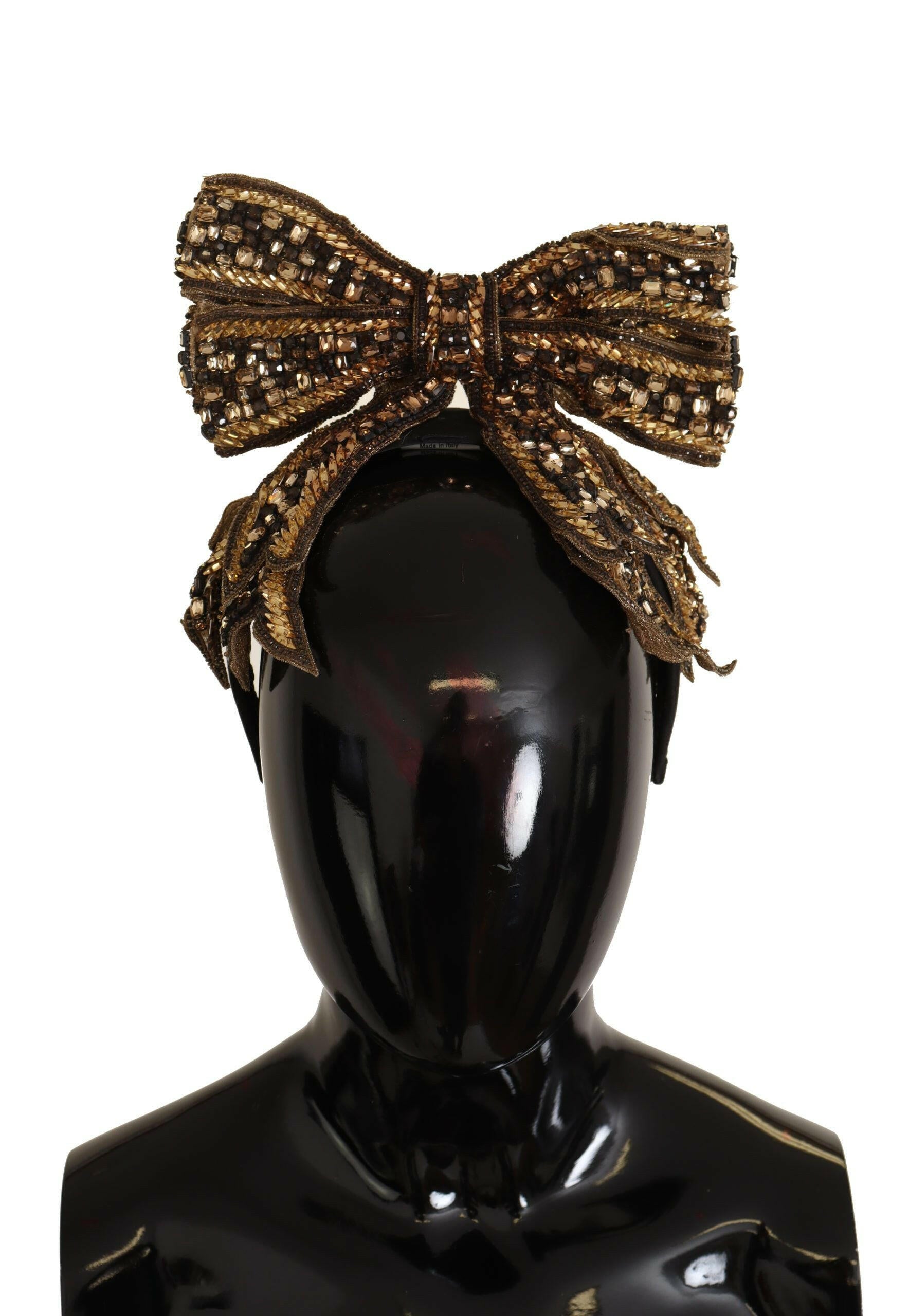 Dolce & Gabbana Gold Crystal Beaded Sequined Silk Bow Headband Diadem.