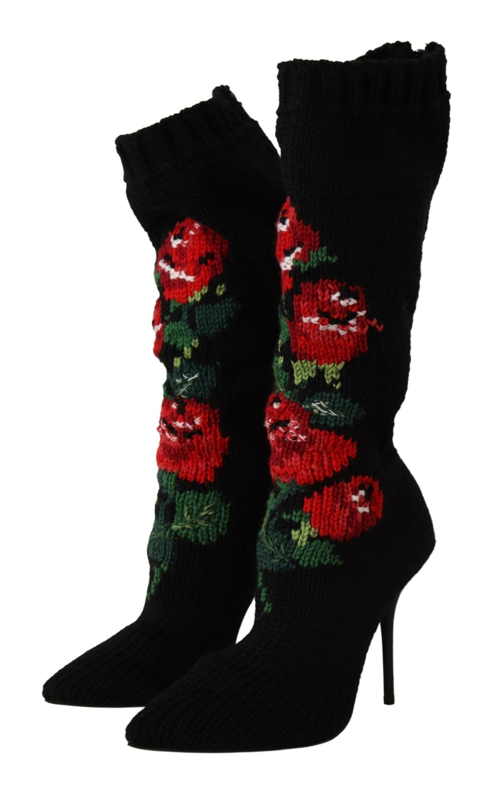 Dolce & Gabbana Black Stretch Socks Red Roses Booties Shoes.