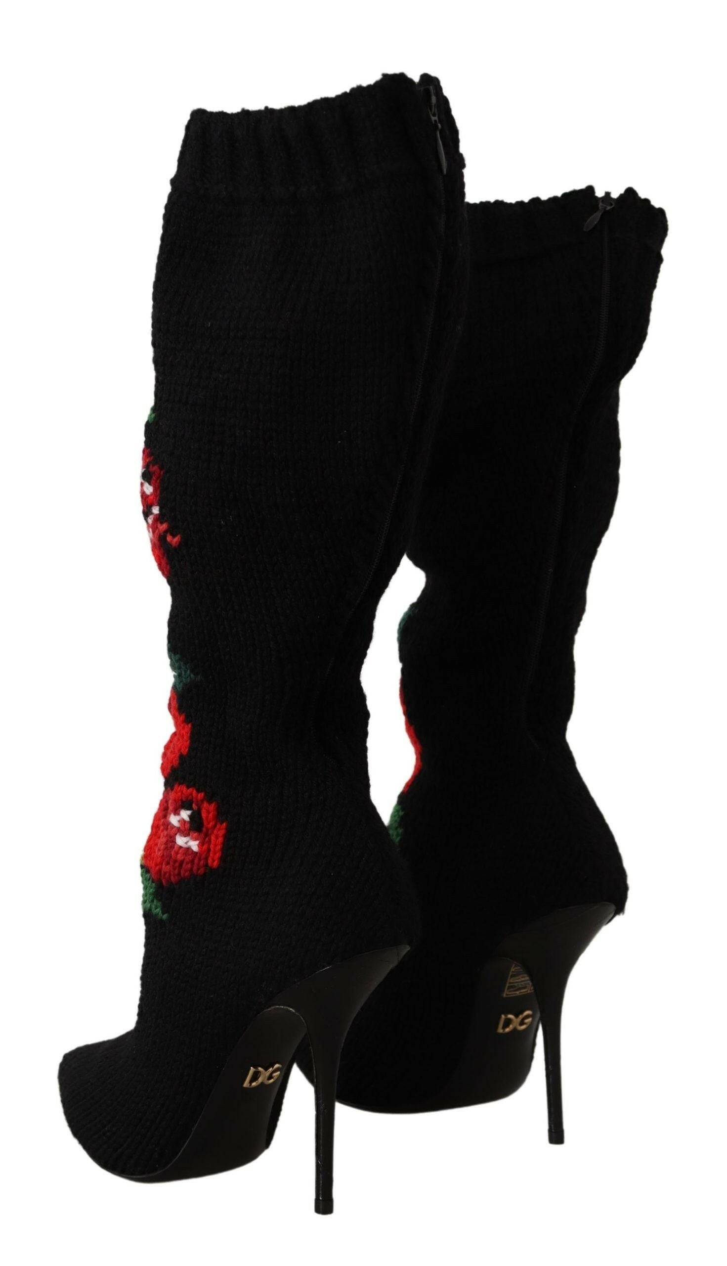 Dolce & Gabbana Black Stretch Socks Red Roses Booties Shoes.