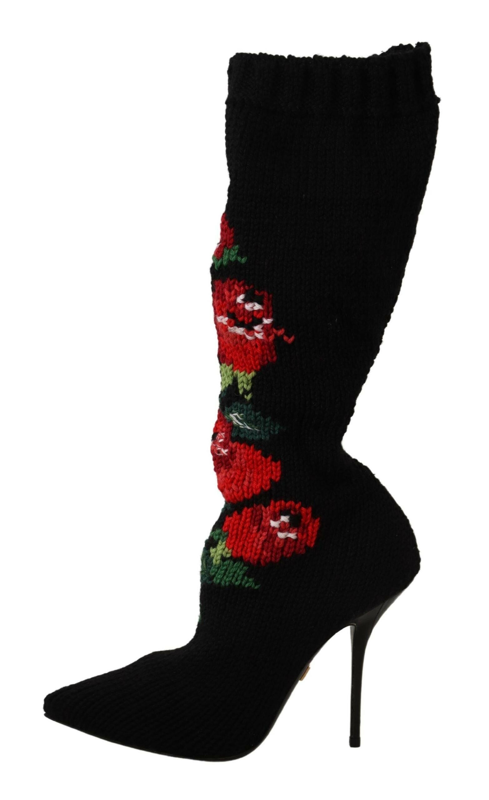 Dolce & Gabbana Black Stretch Socks Red Roses Booties Shoes.