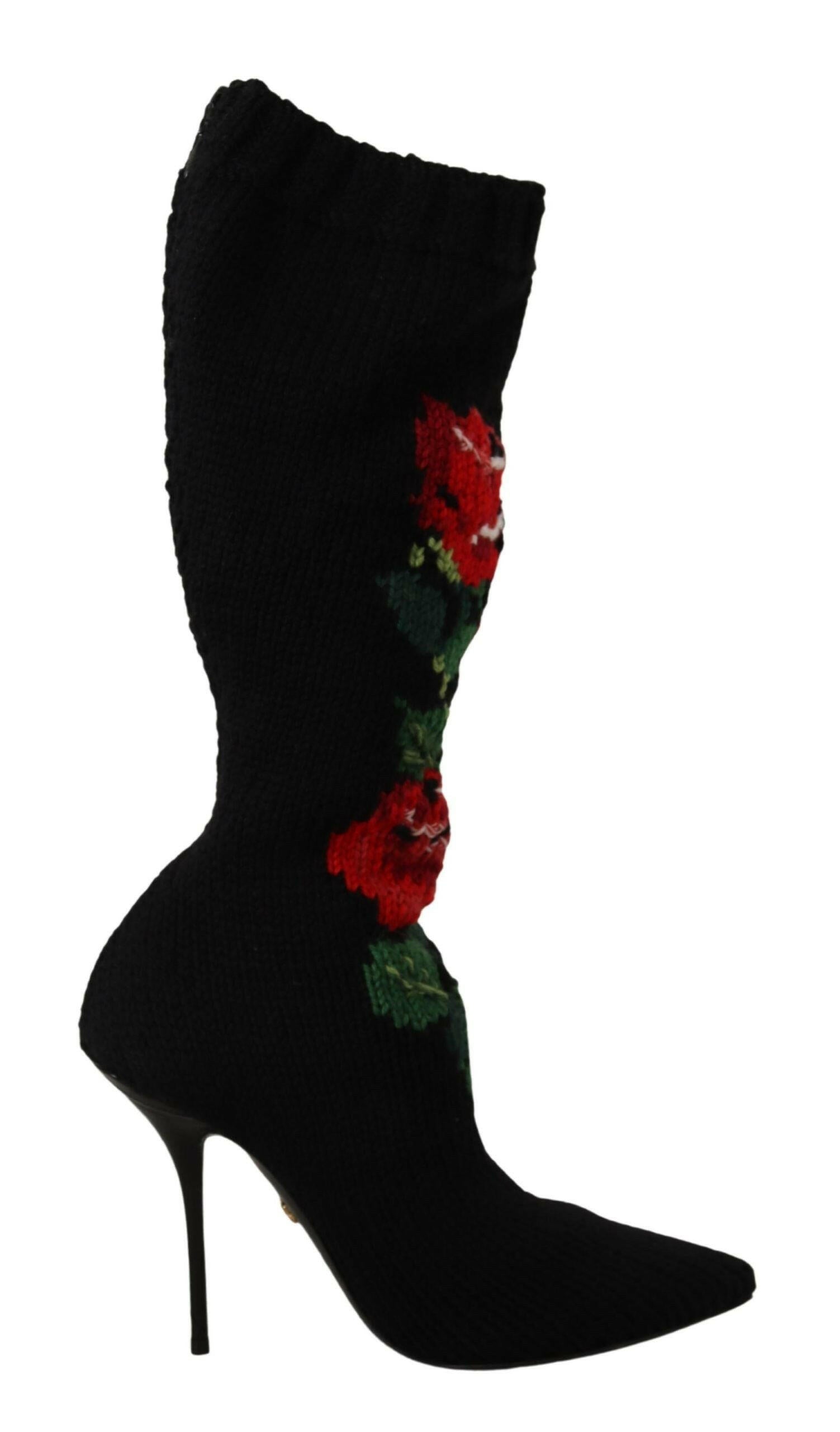 Dolce & Gabbana Black Stretch Socks Red Roses Booties Shoes.