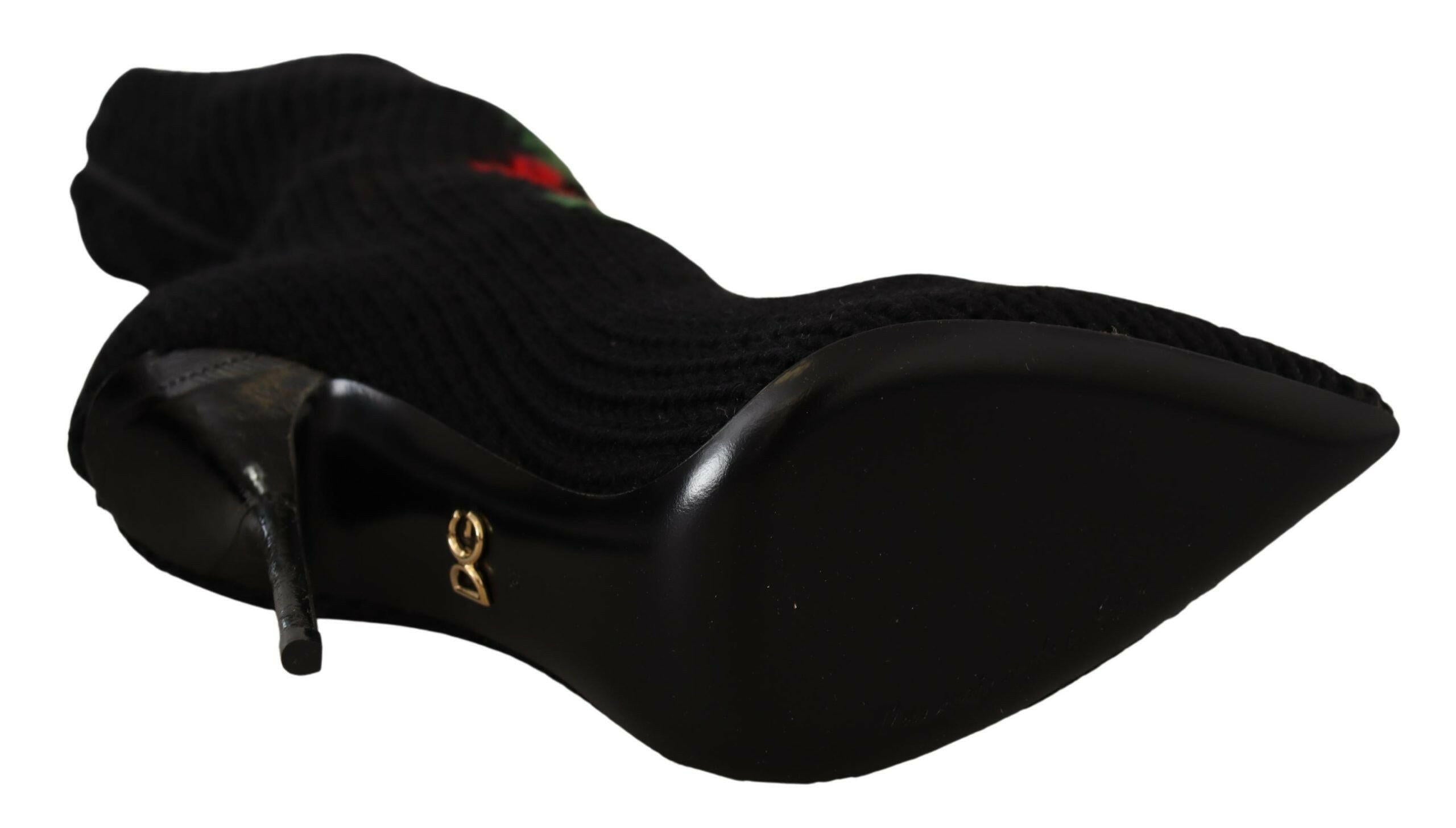 Dolce & Gabbana Black Stretch Socks Red Roses Booties Shoes.