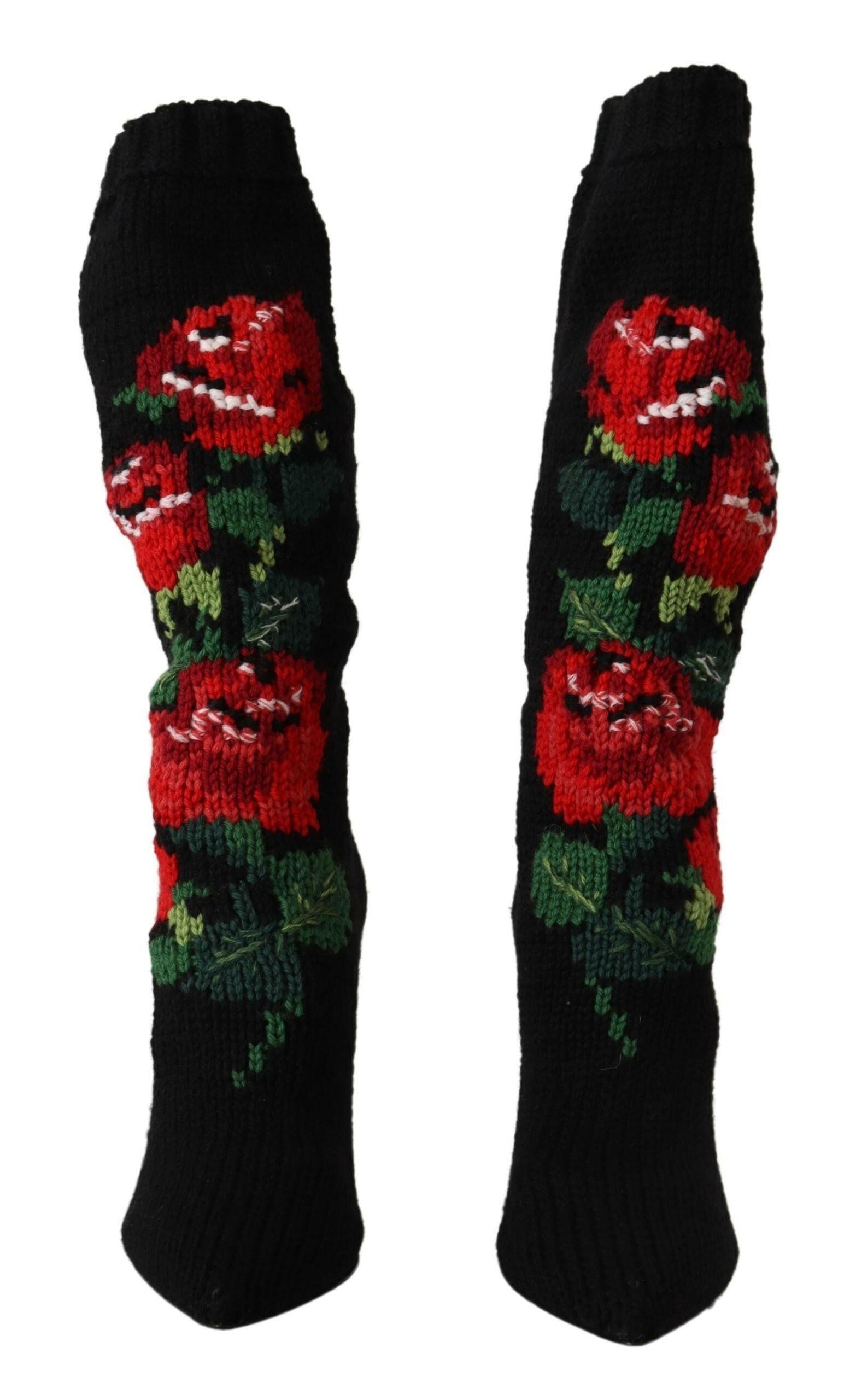 Dolce & Gabbana Black Stretch Socks Red Roses Booties Shoes.