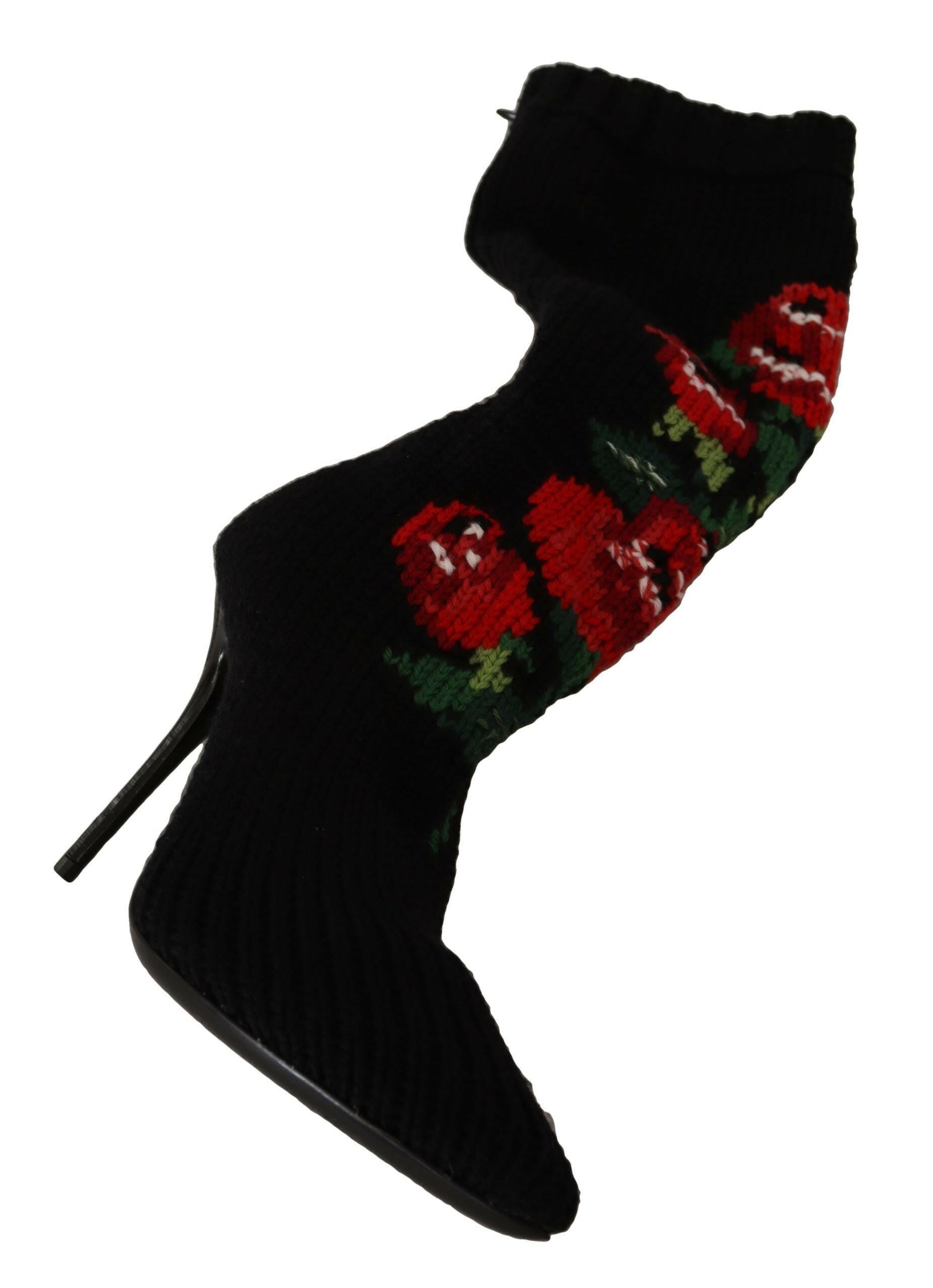 Dolce & Gabbana Black Stretch Socks Red Roses Booties Shoes.