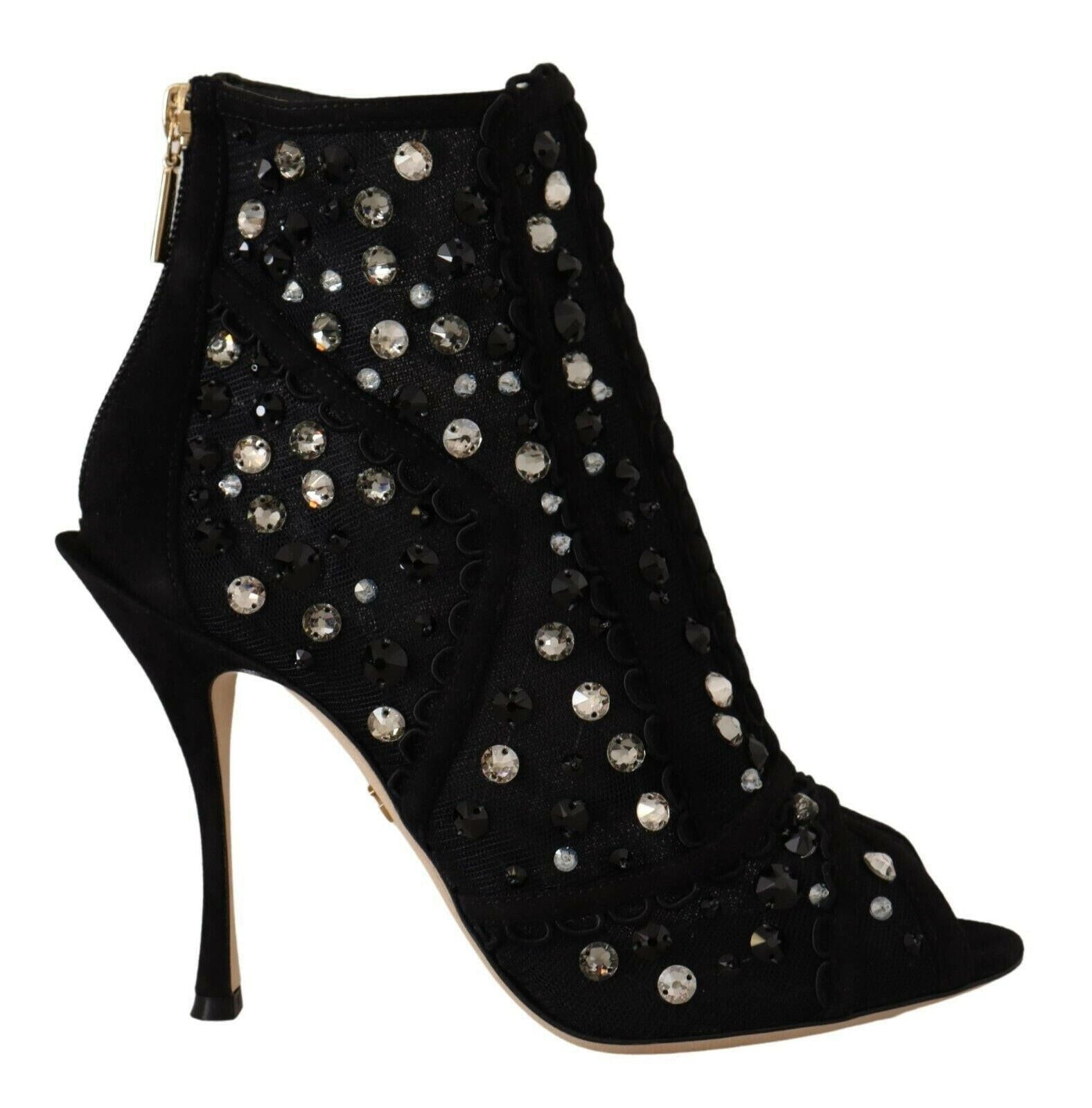 Dolce & Gabbana Black Crystals Heels Zipper Short Boots Shoes.