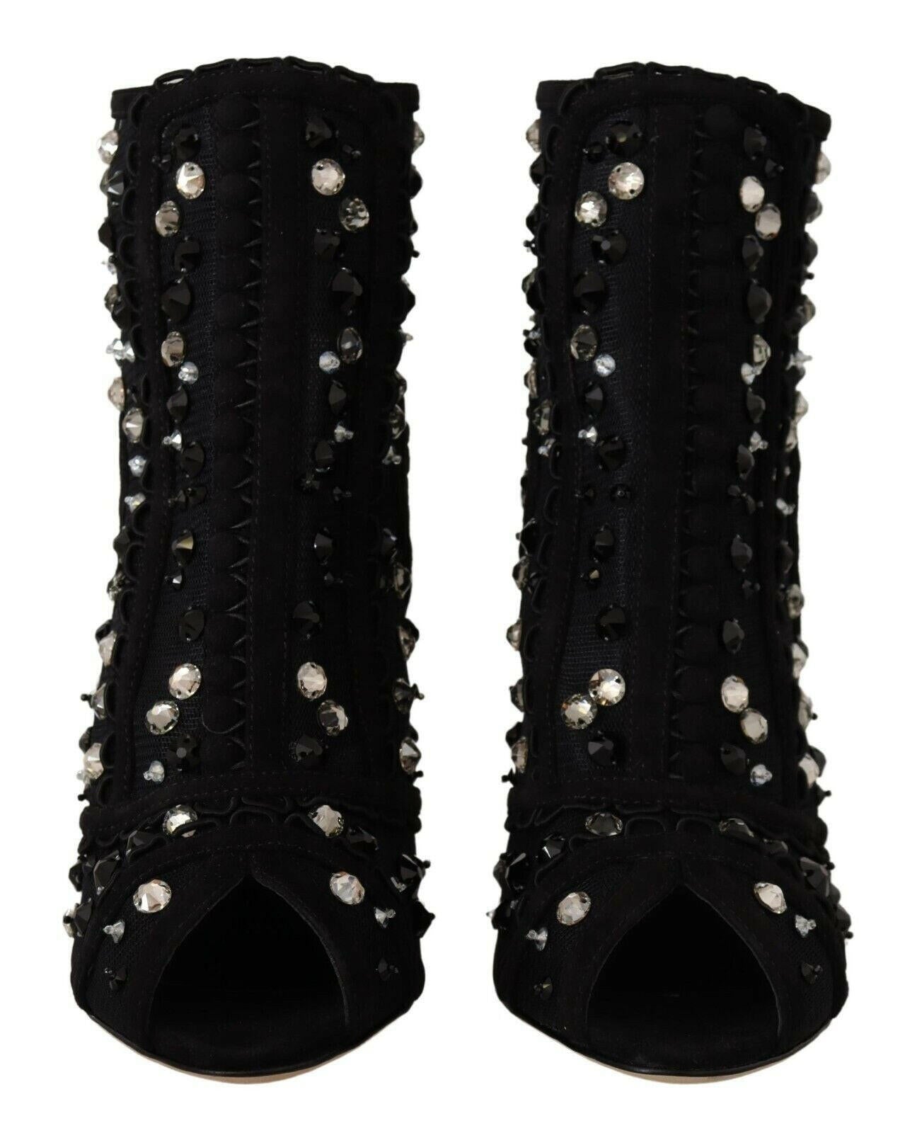 Dolce & Gabbana Black Crystals Heels Zipper Short Boots Shoes.