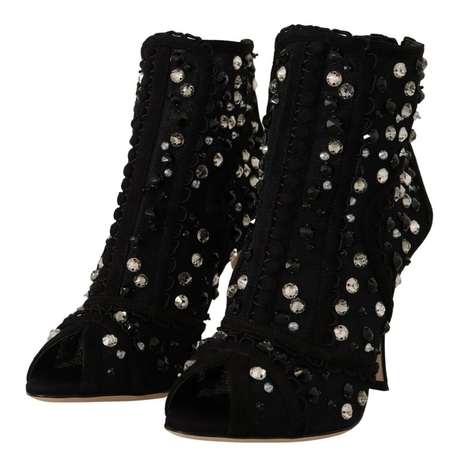 Dolce & Gabbana Black Crystals Heels Zipper Short Boots Shoes.