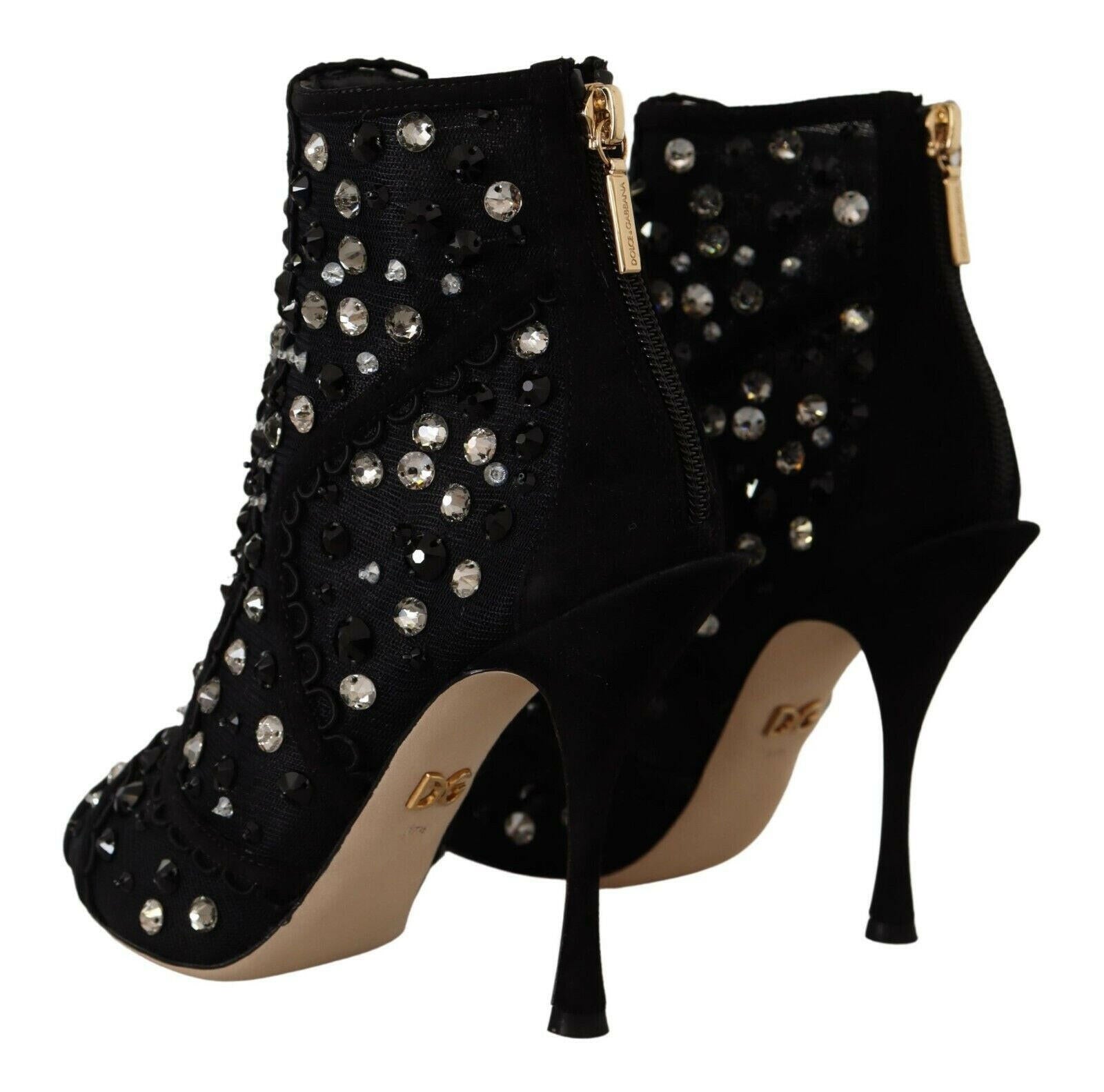 Dolce & Gabbana Black Crystals Heels Zipper Short Boots Shoes.