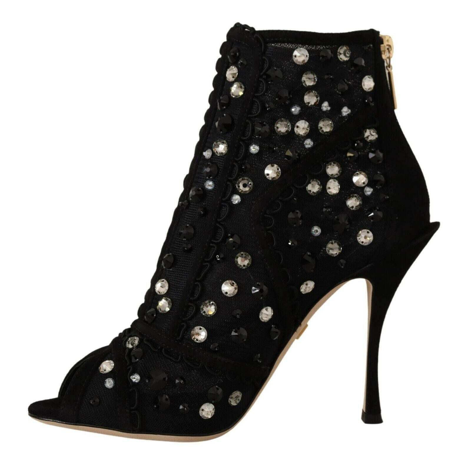 Dolce & Gabbana Black Crystals Heels Zipper Short Boots Shoes.