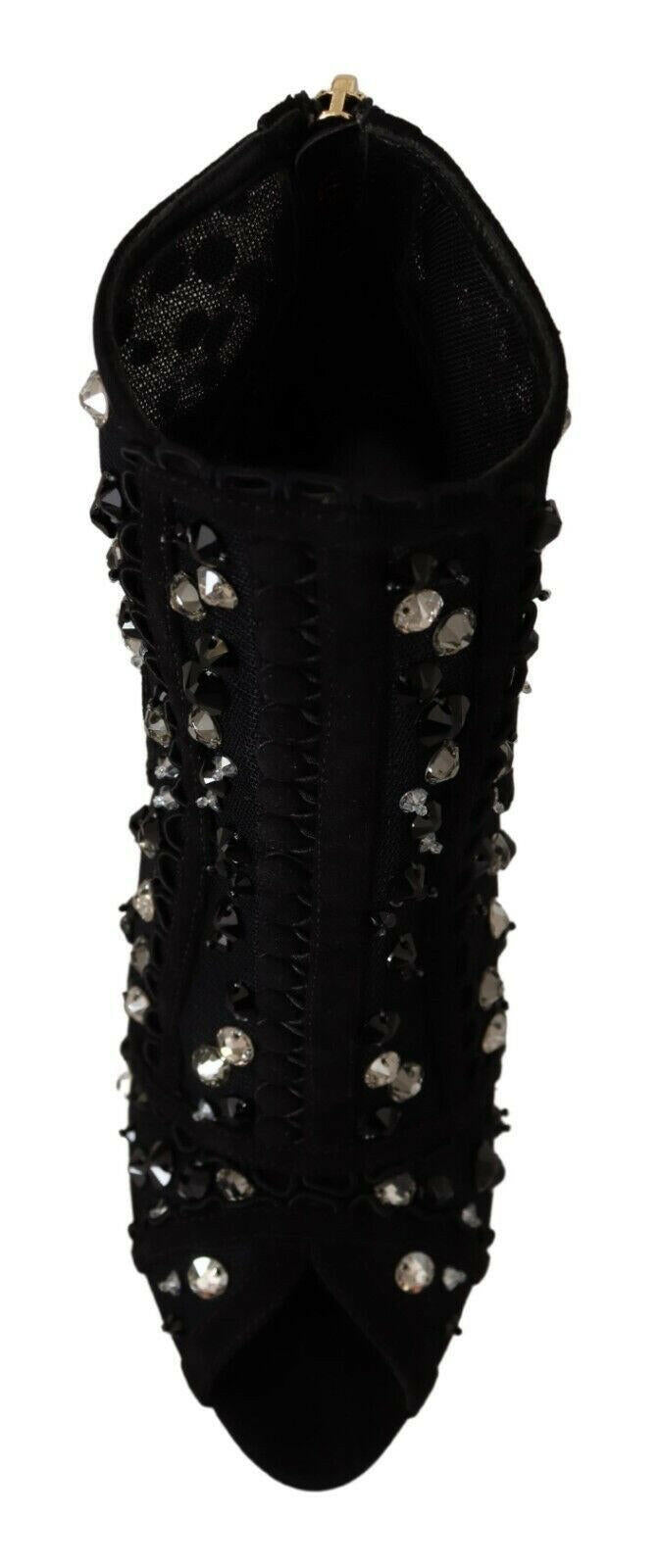 Dolce & Gabbana Black Crystals Heels Zipper Short Boots Shoes.