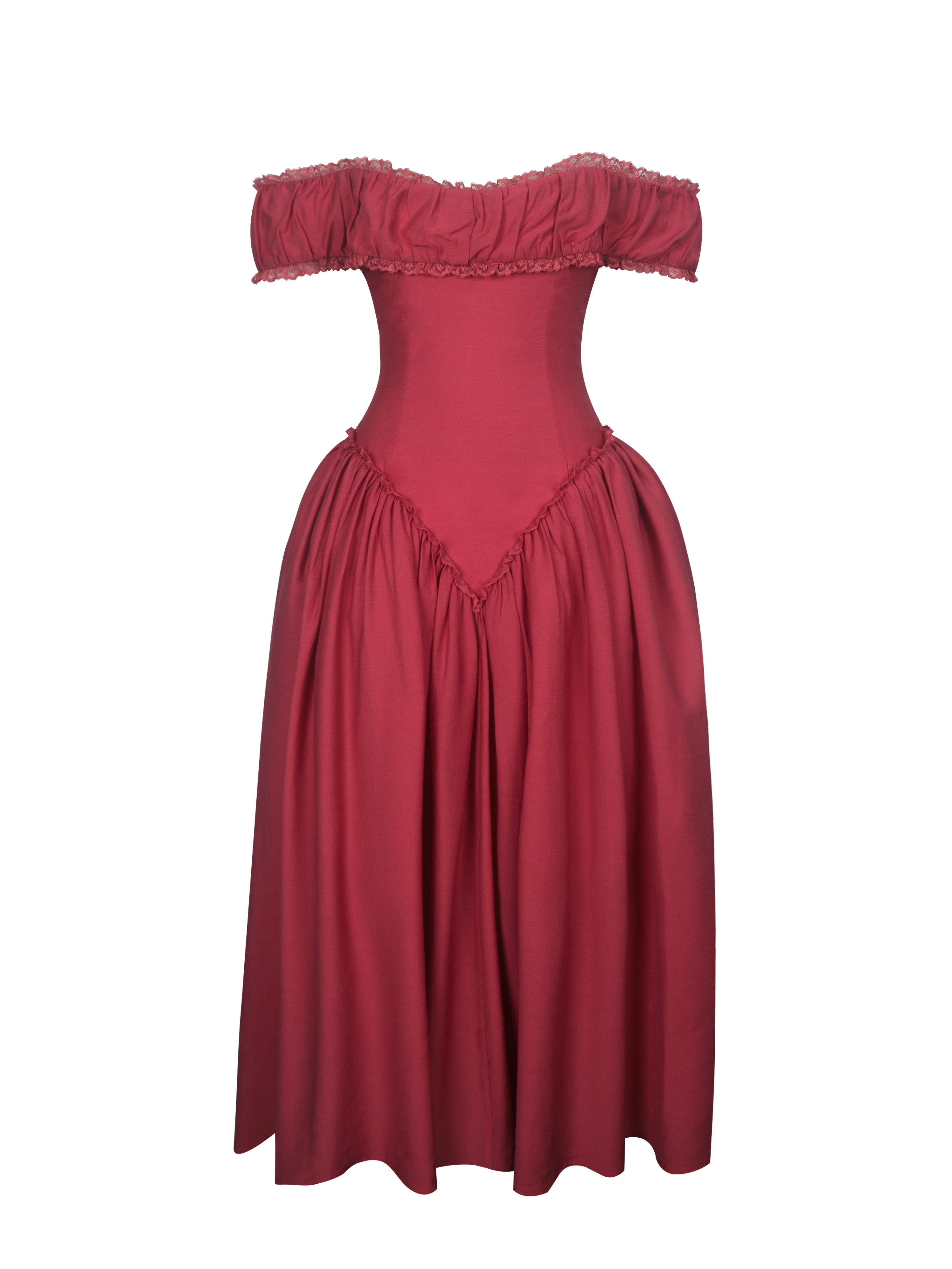 Xavy Crimson Off-Shoulder Corset Midi Dress
