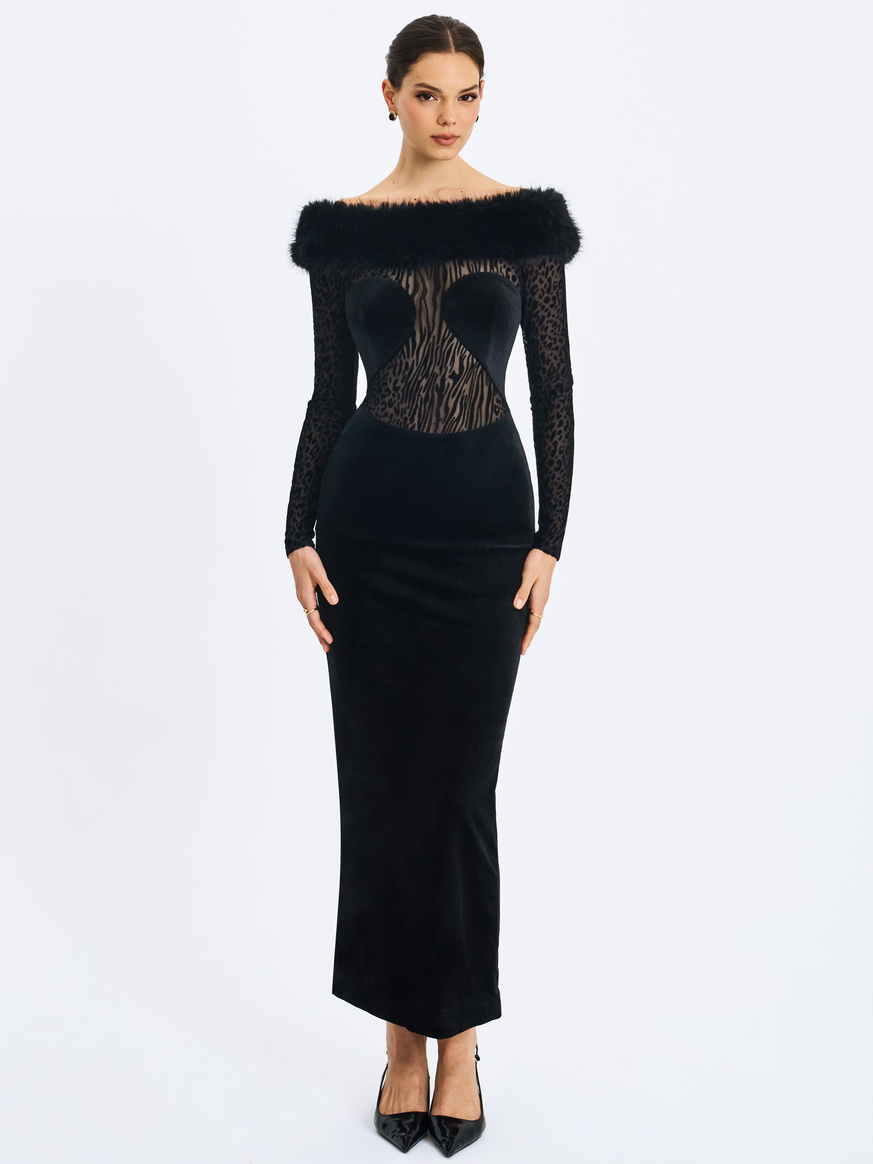 Alexis Black Animal Print Fur Boatneck Maxi Dress