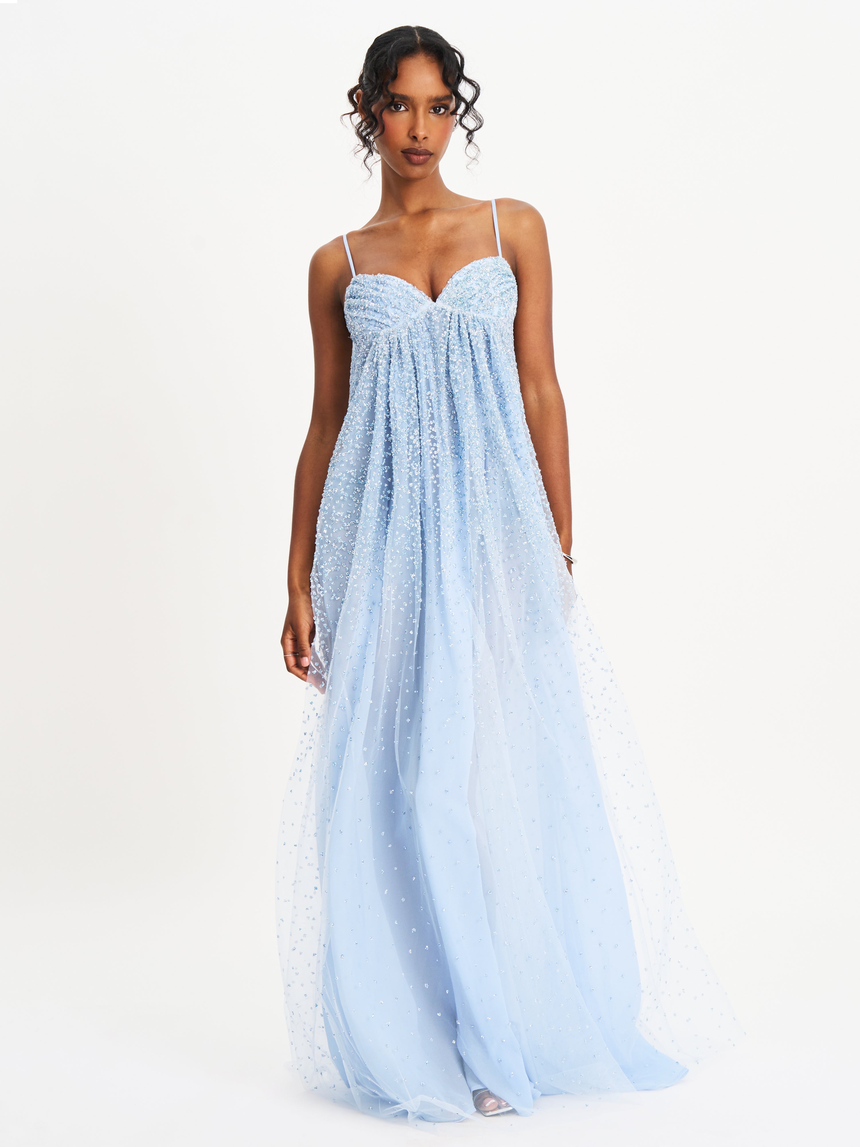 Wallie Baby Blue Rhinestone Embellished Mesh Backless Gown