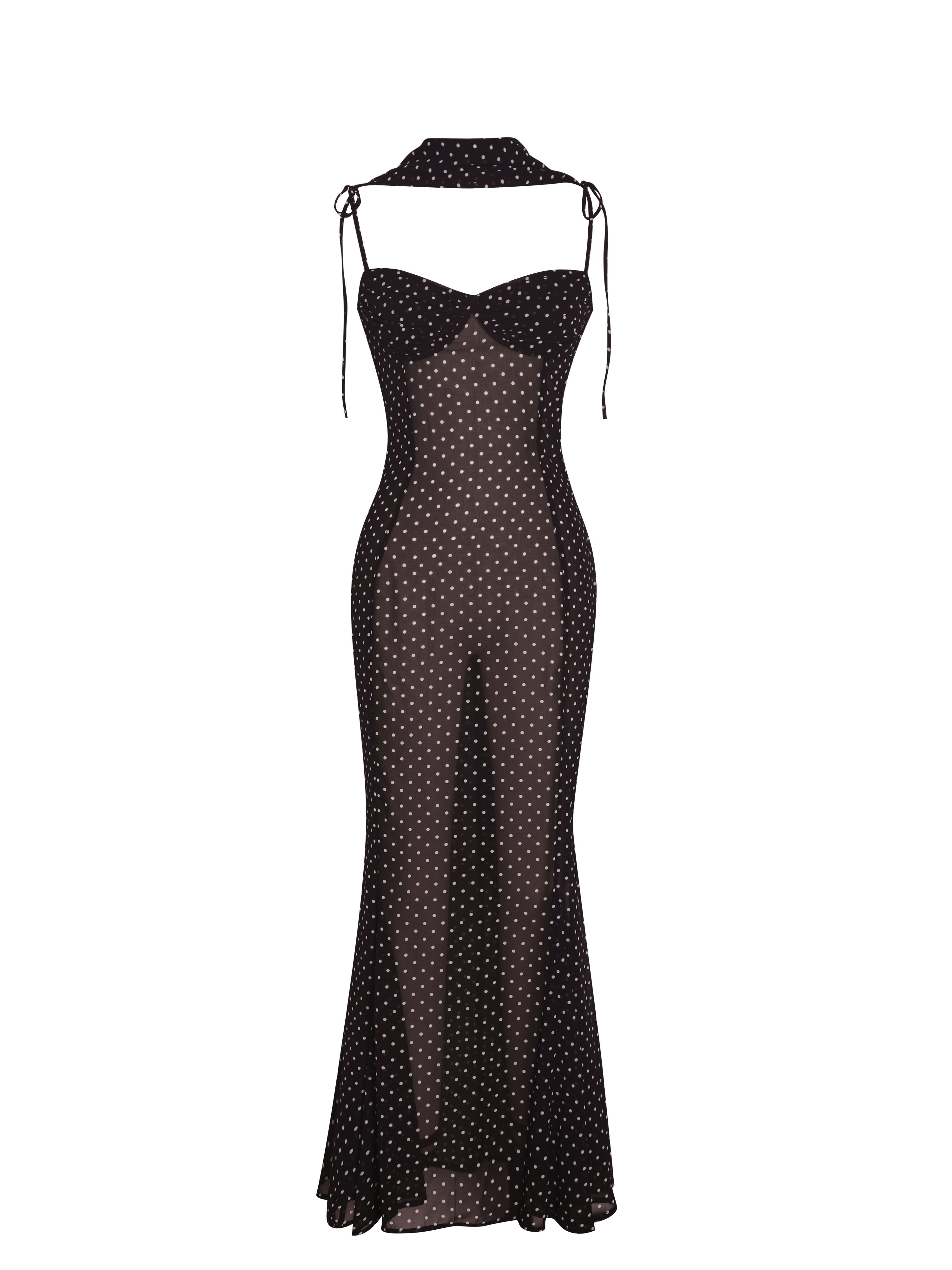 Yadira Brown Base Polka Dot Chiffon Maxi Dress