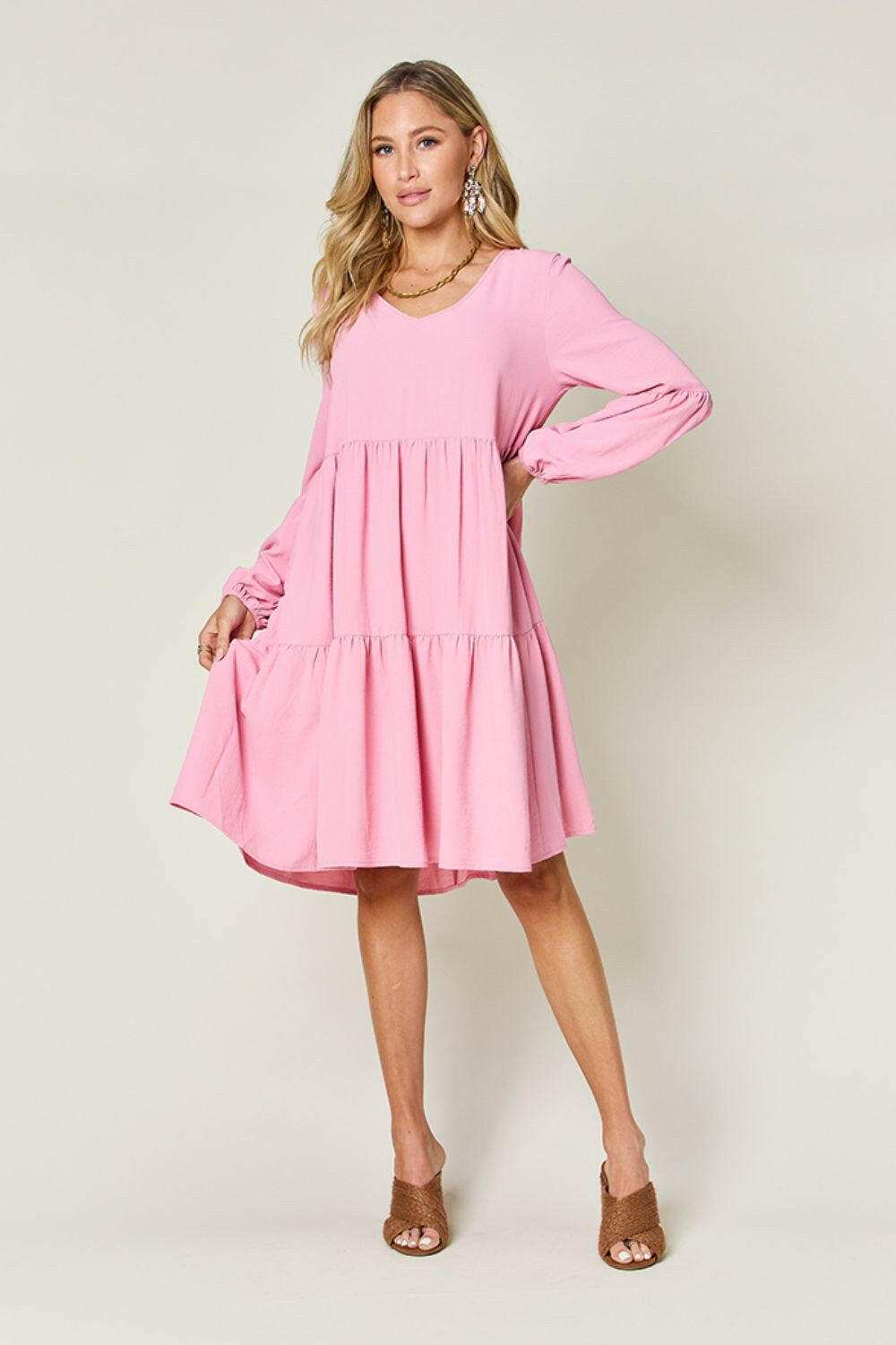 Double Take Full Size V-Neck Balloon Sleeve Tiered Dress.