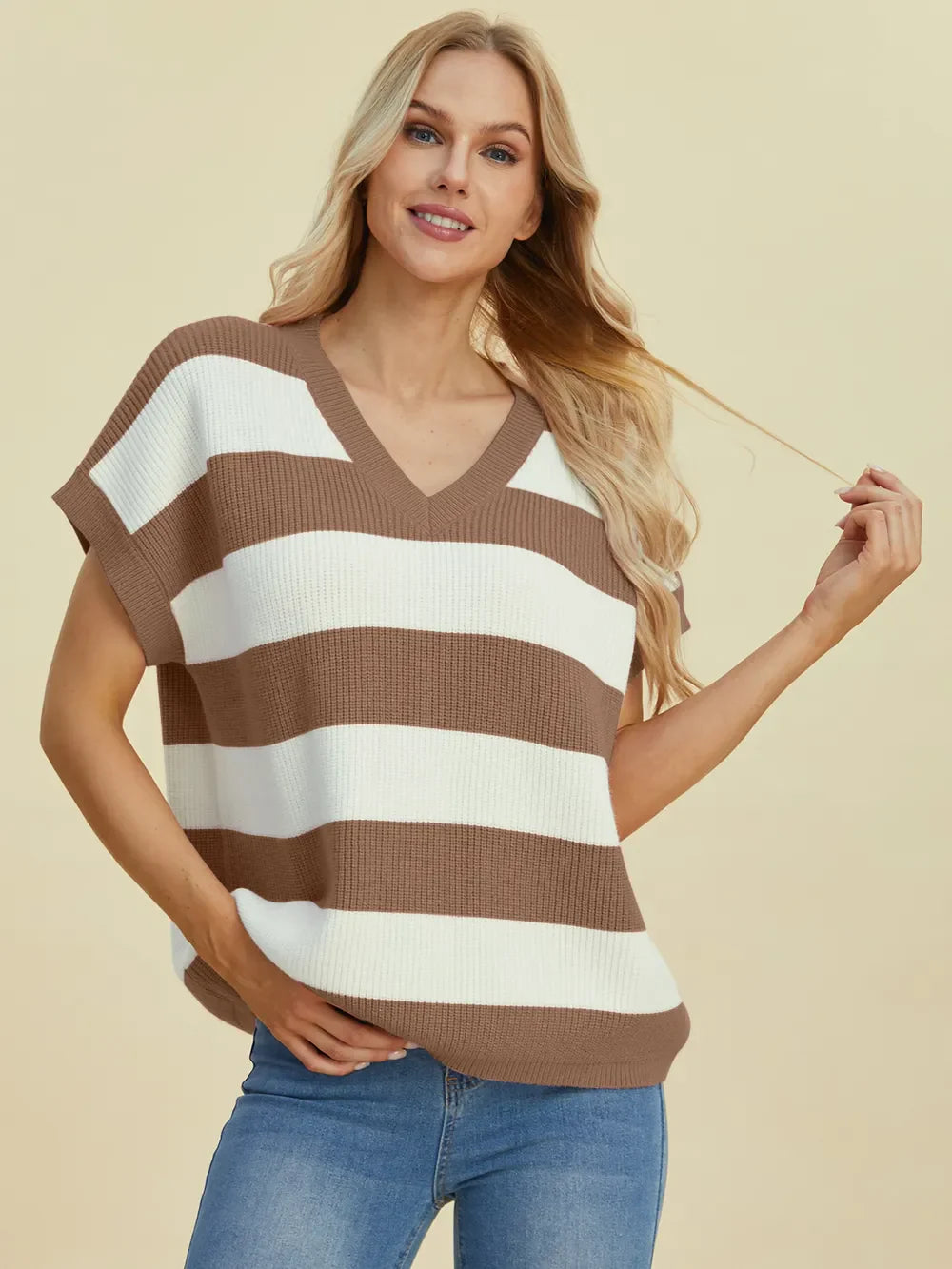 Double Take Full Size Striped V-Neck Short Sleeve Sweater.
