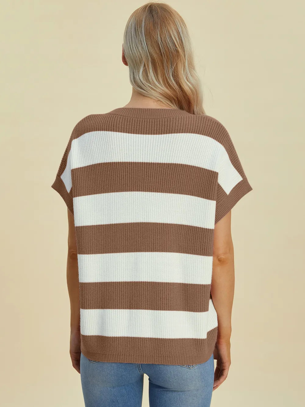 Double Take Full Size Striped V-Neck Short Sleeve Sweater.