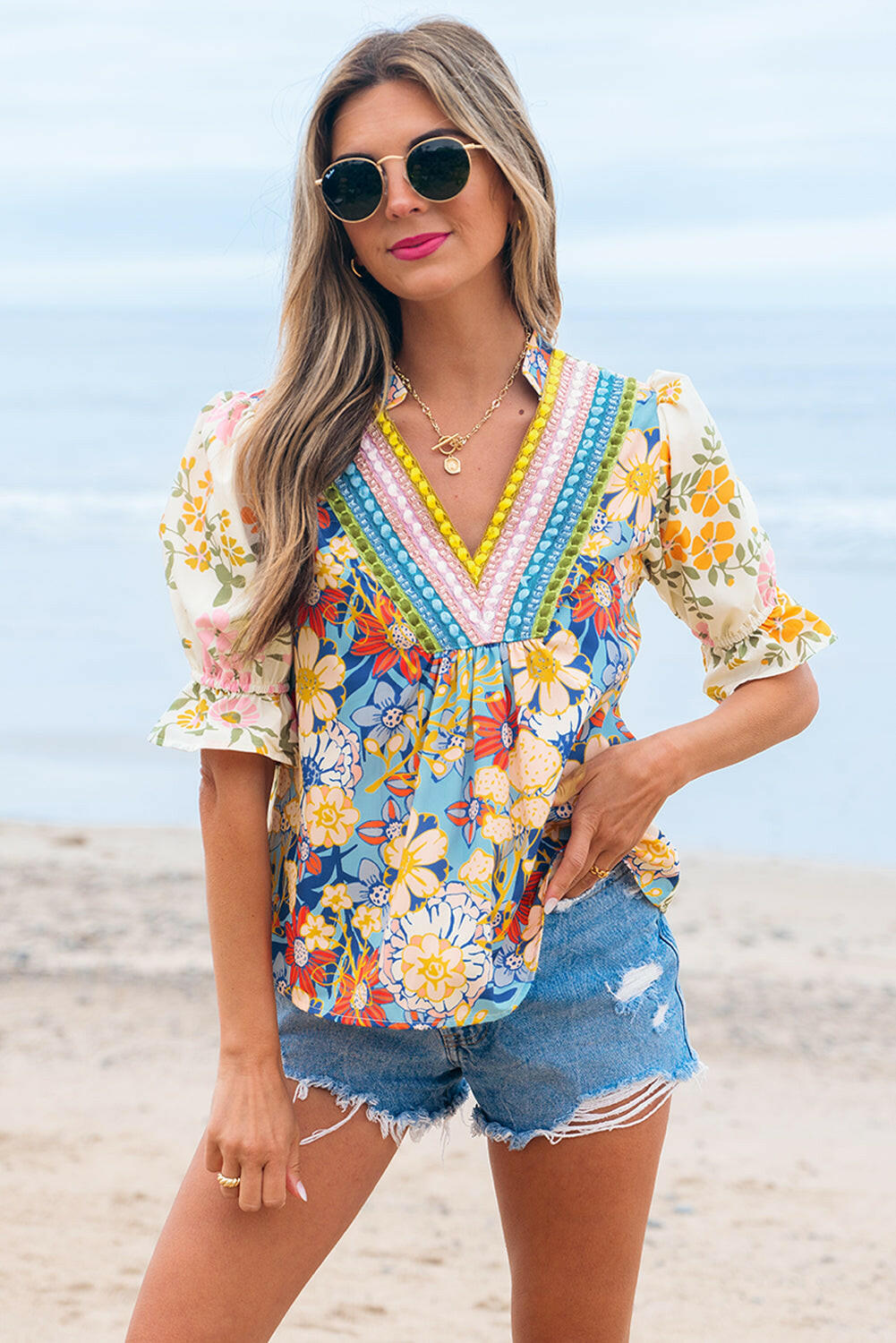 Luxury Multicolour Crochet V Neck Half Sleeve Boho Floral Blouse.