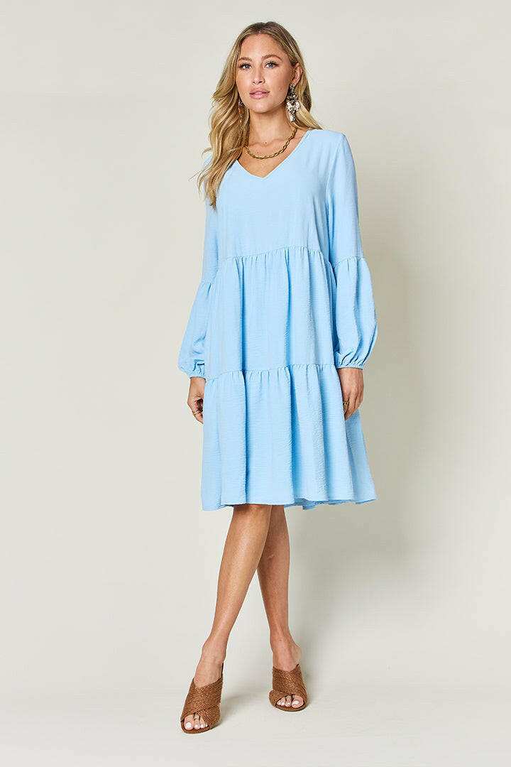 Double Take Full Size V-Neck Balloon Sleeve Tiered Dress - MaraFormigone