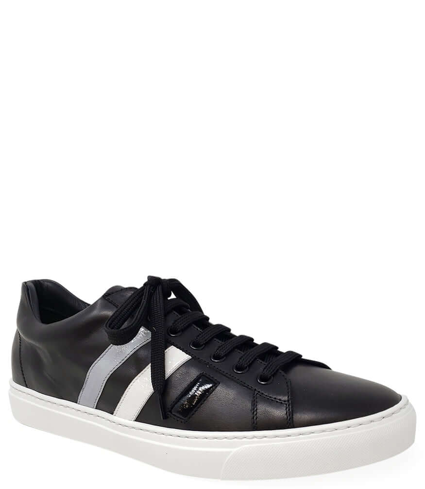 Black Leather 3 Stripe Mens Sneaker
